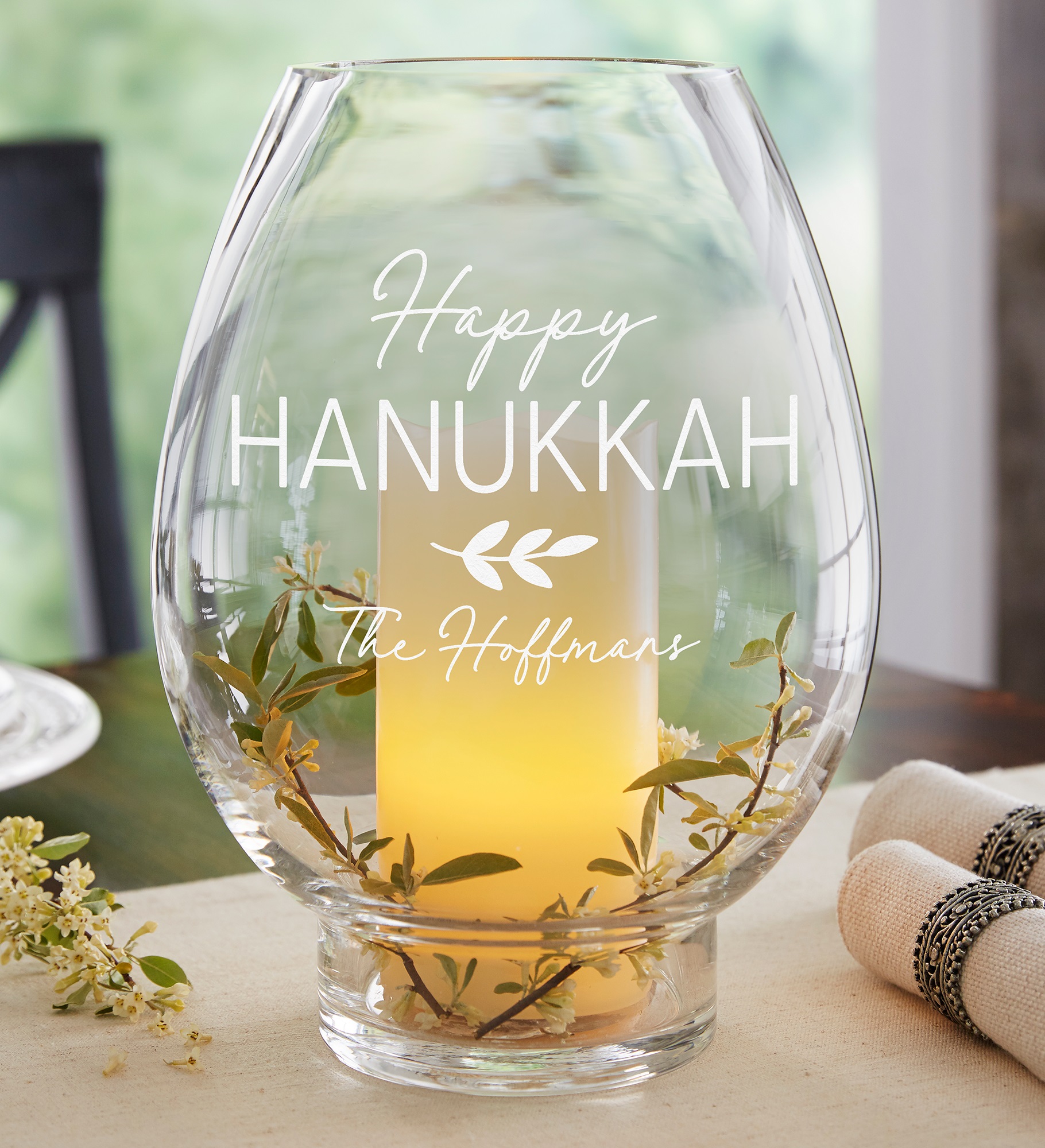 Spirit of Hanukkah Engraved Hurricane Candle Holder