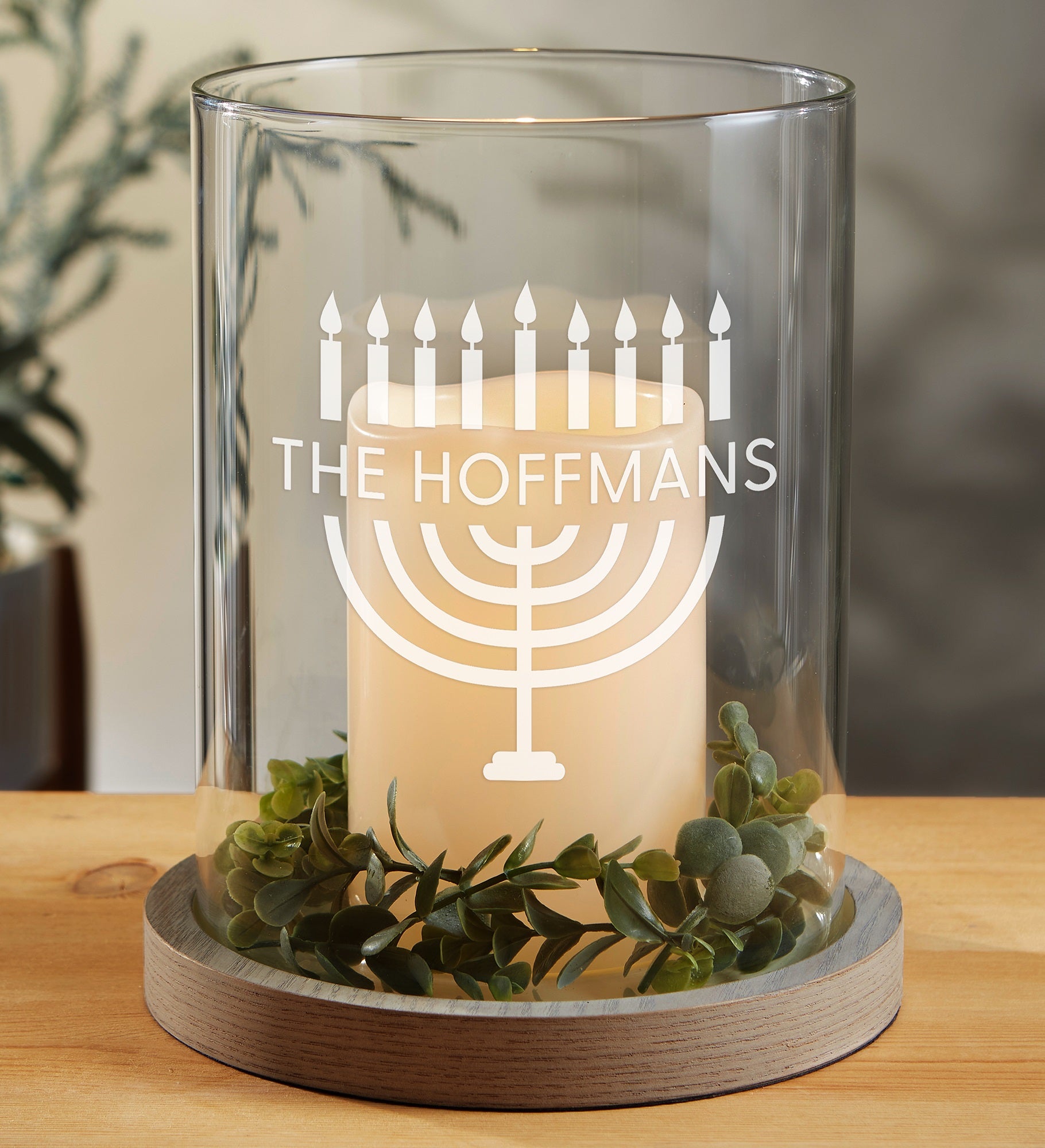 Spirit of Hanukkah Menorah Personalized Hurricane with Whitewashed Wood Base