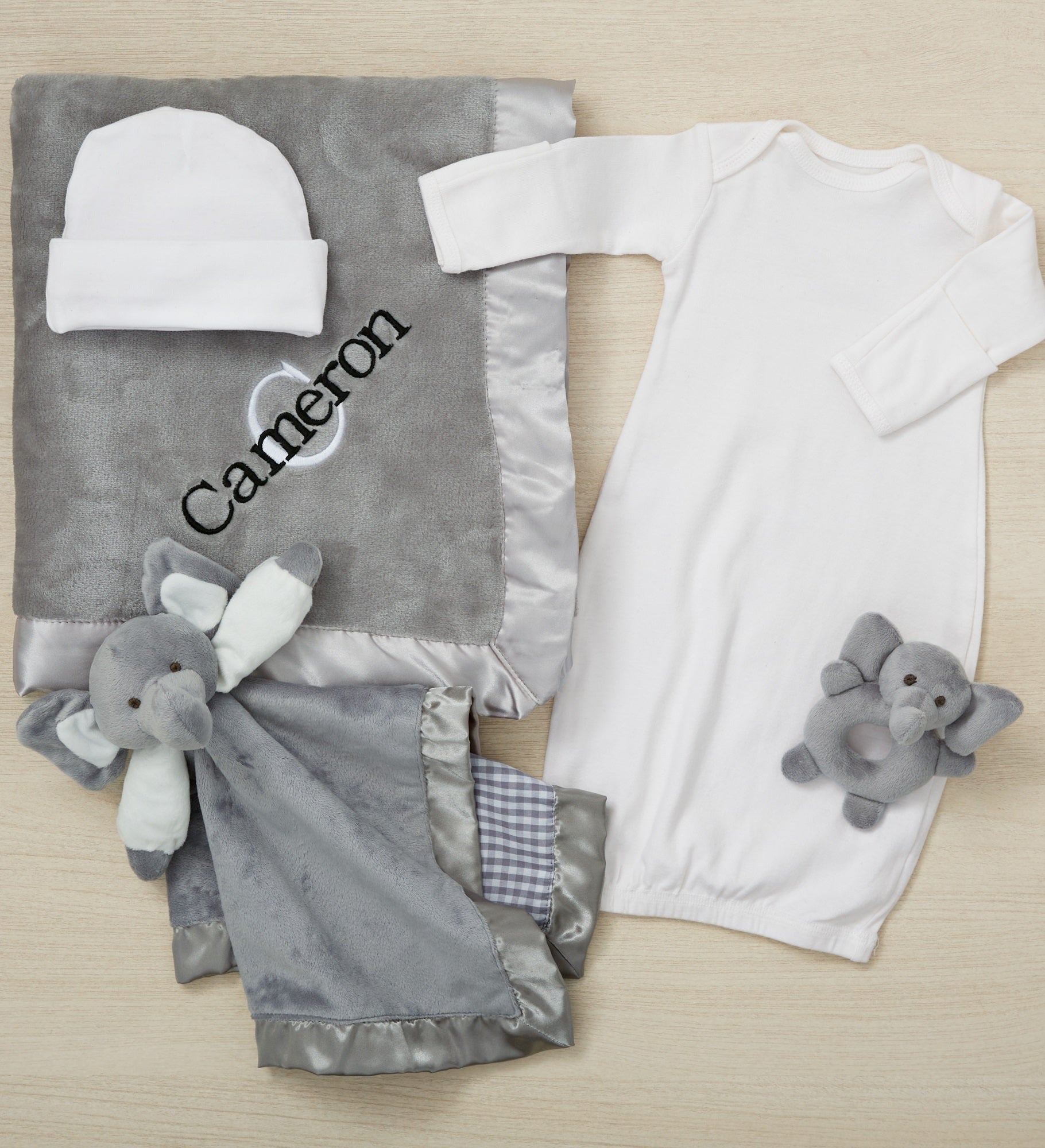 Embroidered Satin Trim Grey Baby Blanket with Clothes Set