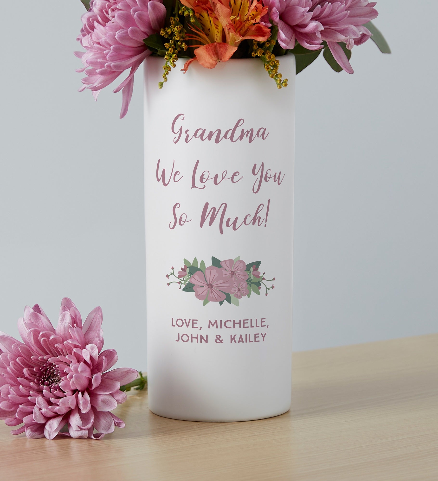 Pink Floral Personalized White Vase for Grandma
