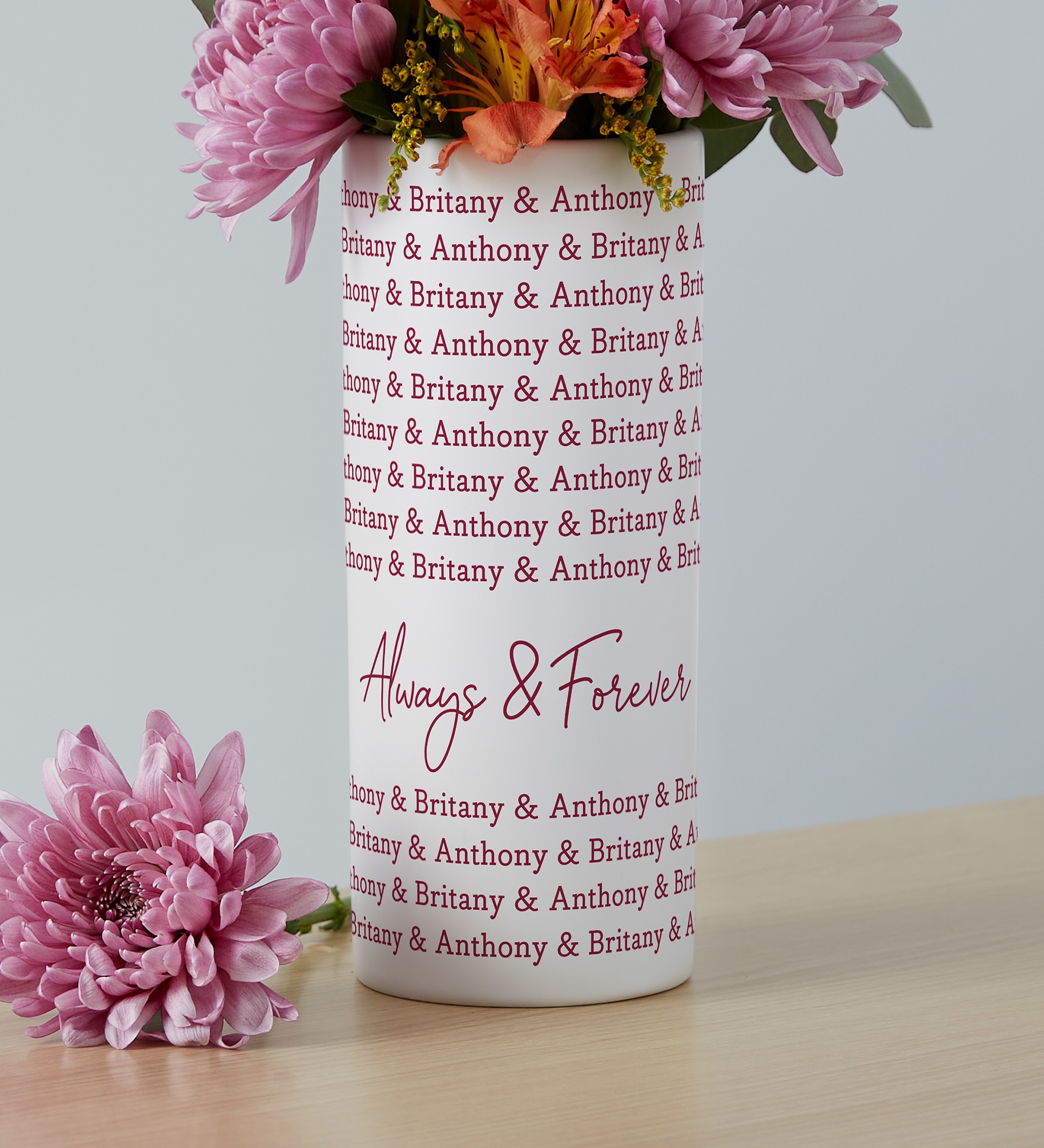Couples Repeating Names Personalized White Flower Vase