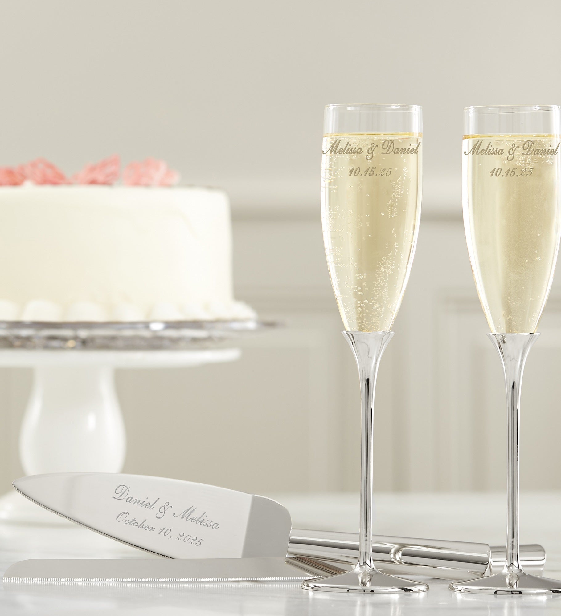Classic Personalized Silver Wedding Flute Set