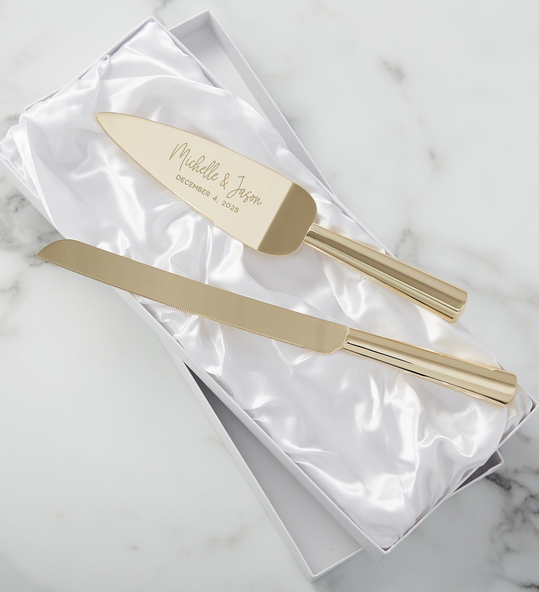 Modern Engraved Gold Cake Knife & Server Set
