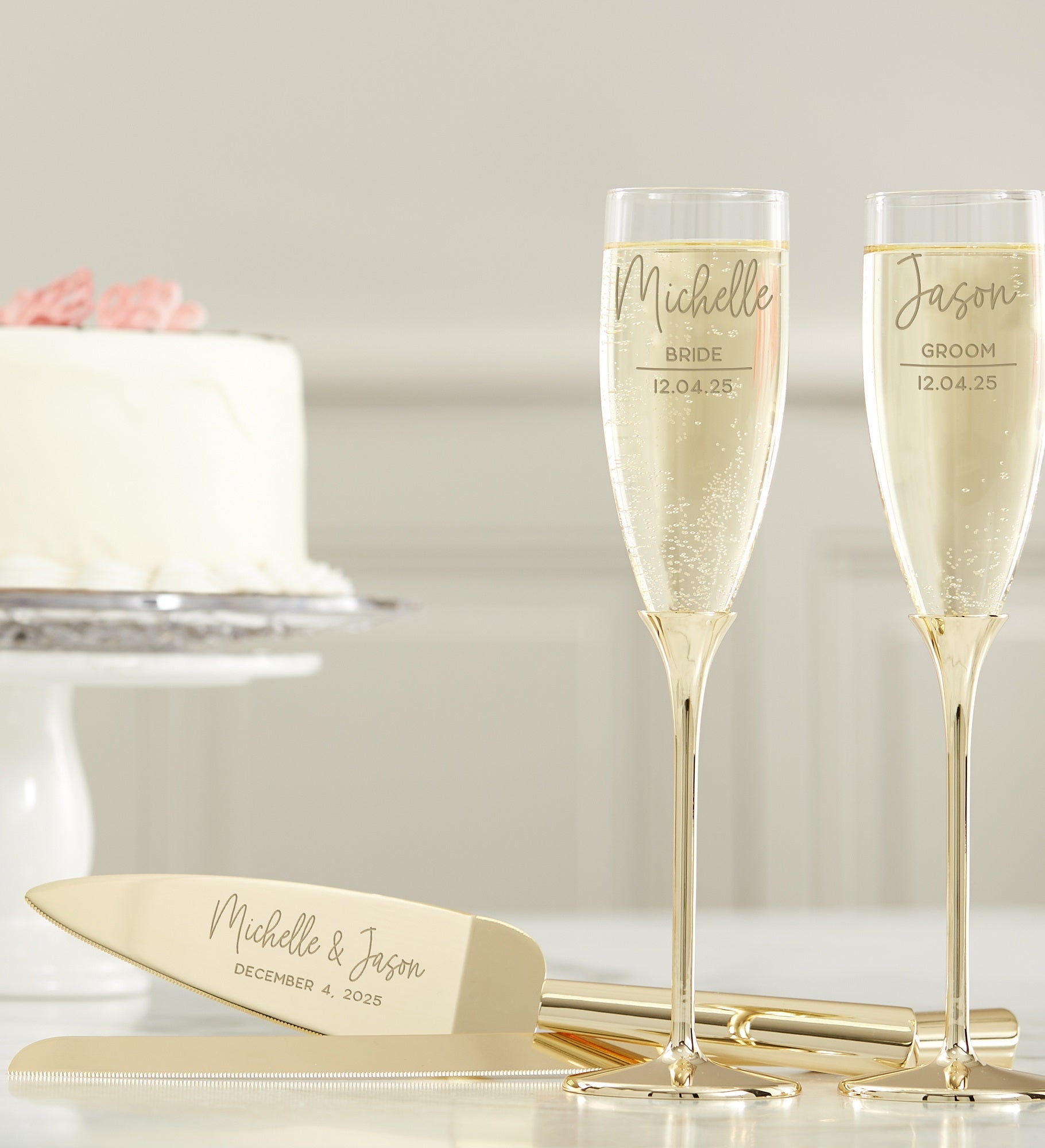 Modern Engraved Gold Cake Knife & Server Set
