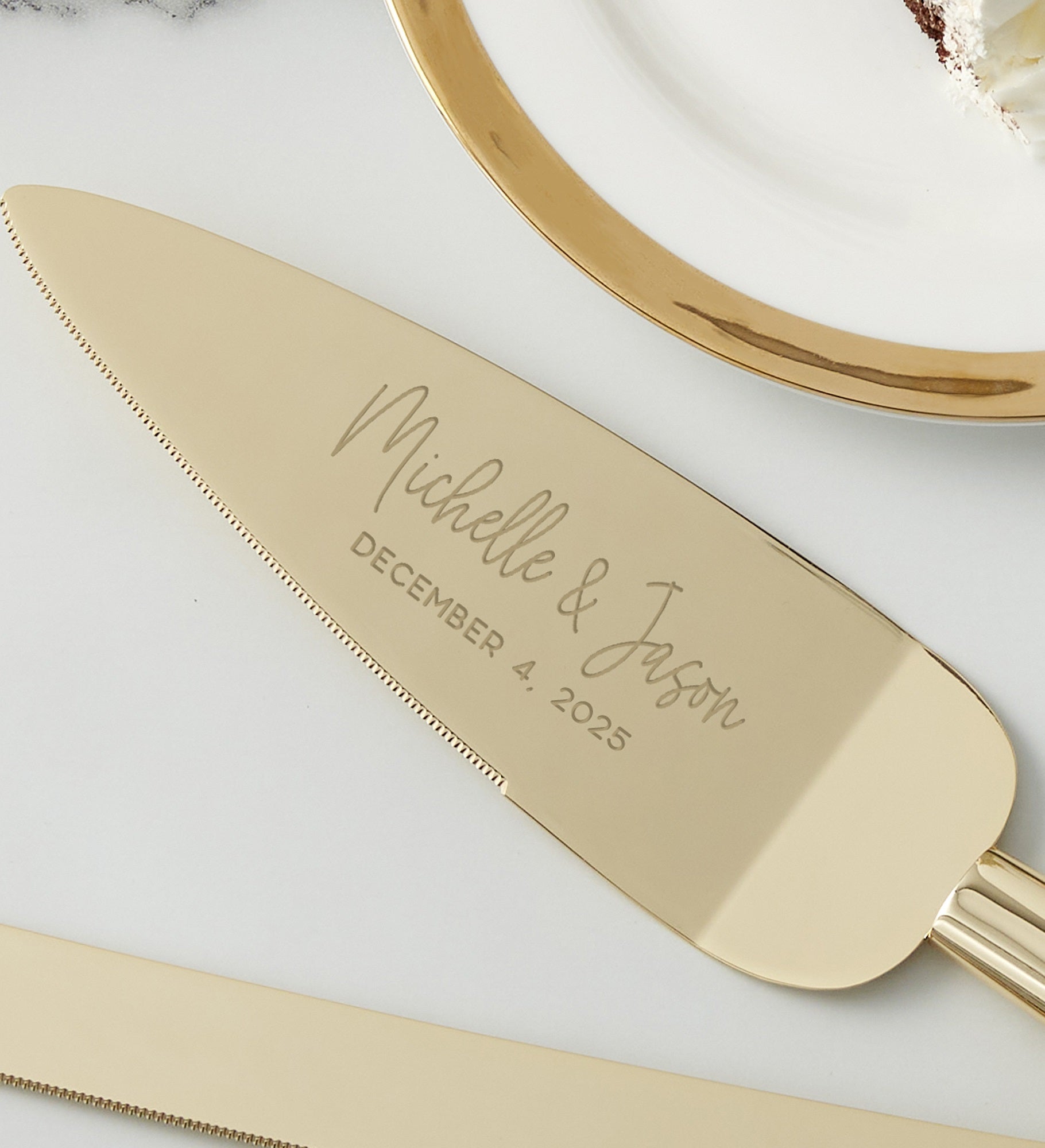 Modern Engraved Gold Cake Knife & Server Set