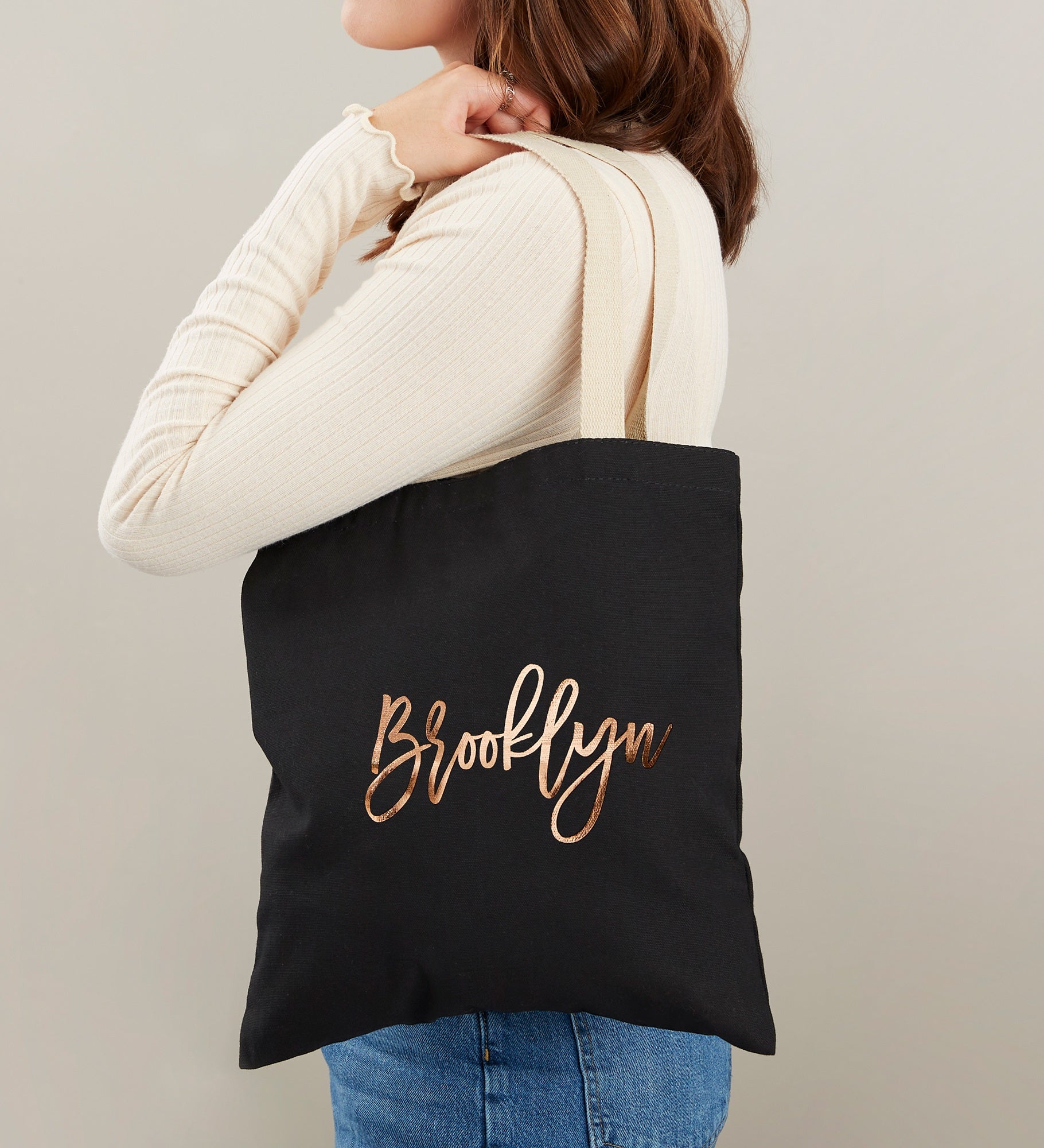 Metallic Foil Name Personalized Black Tote Bag