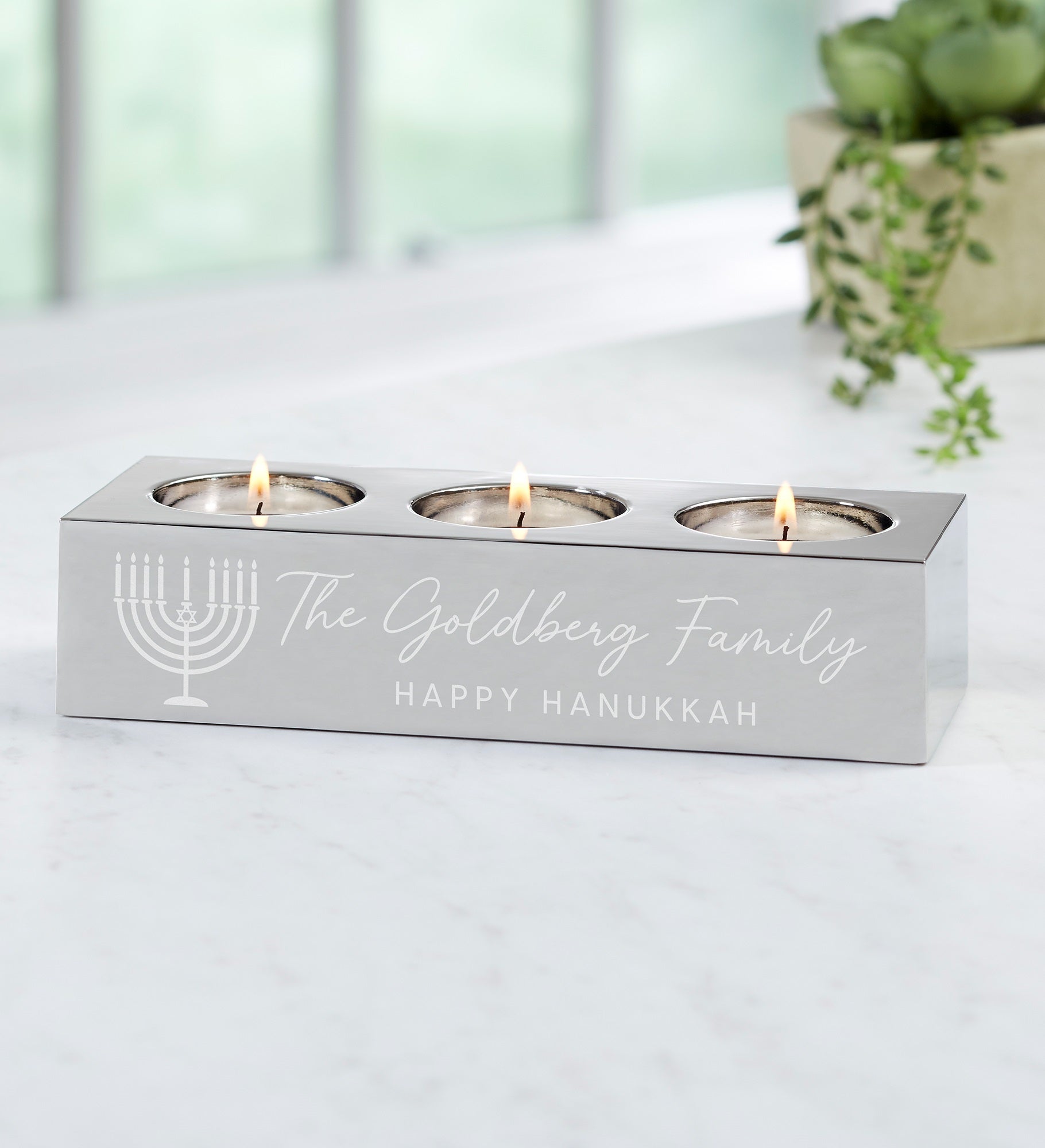 Love and Light Personalized Hanukkah 3 Tea Light Candle Holder