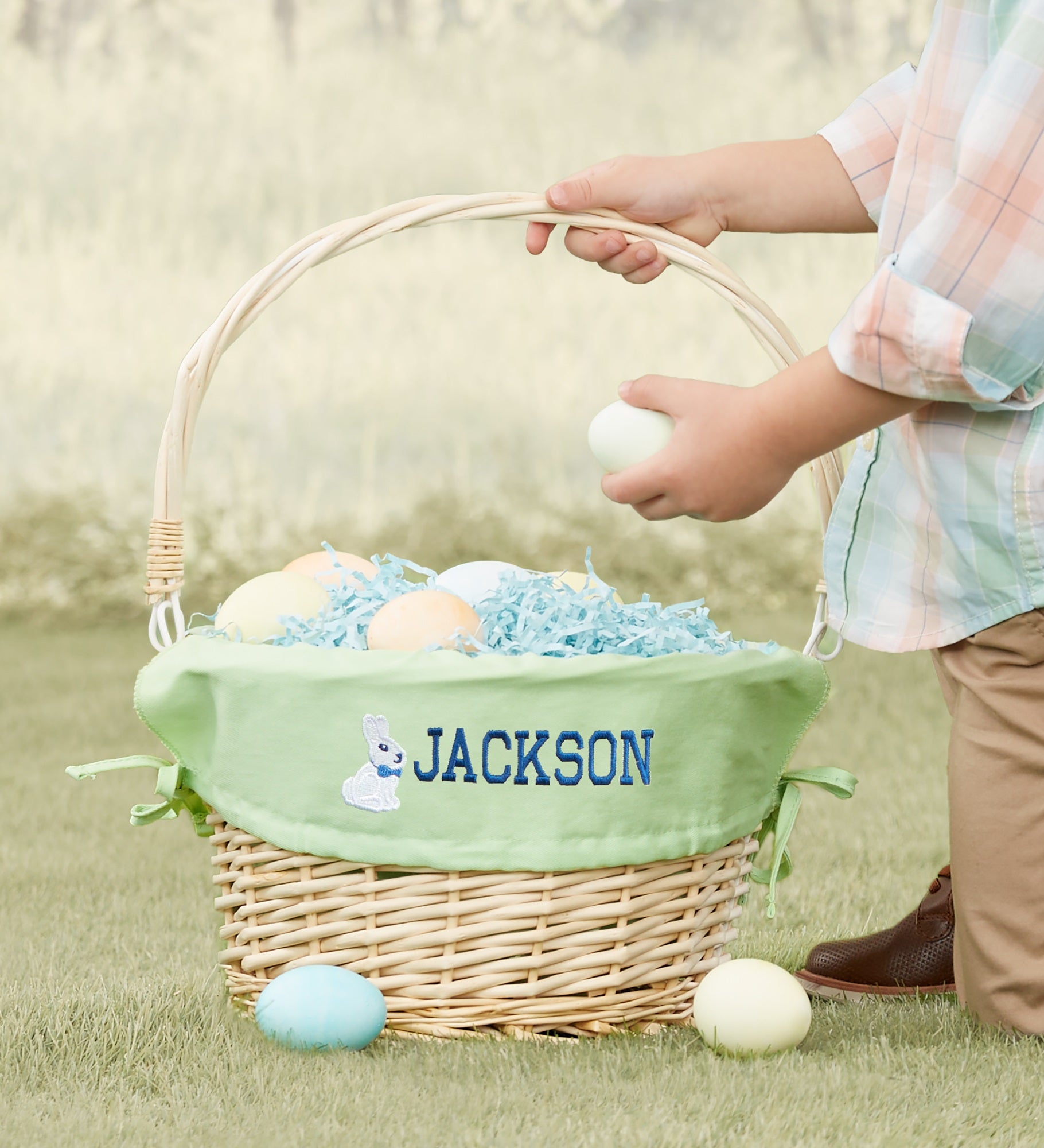 Bunny Name Embroidered Willow Easter Basket with Folding Handle