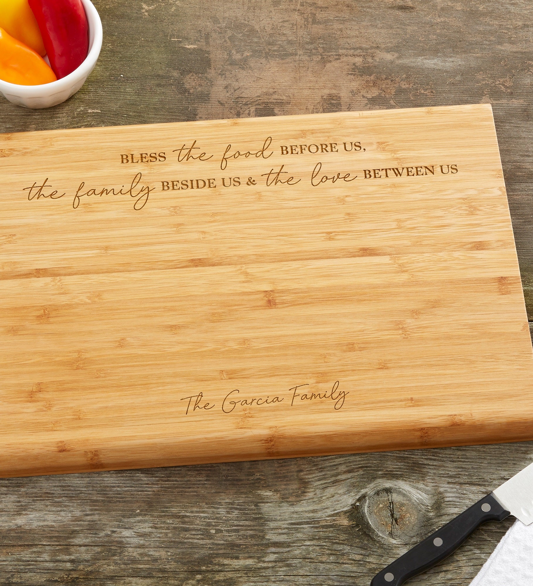 Bless the Food Before Us Personalized Bamboo Cutting Board