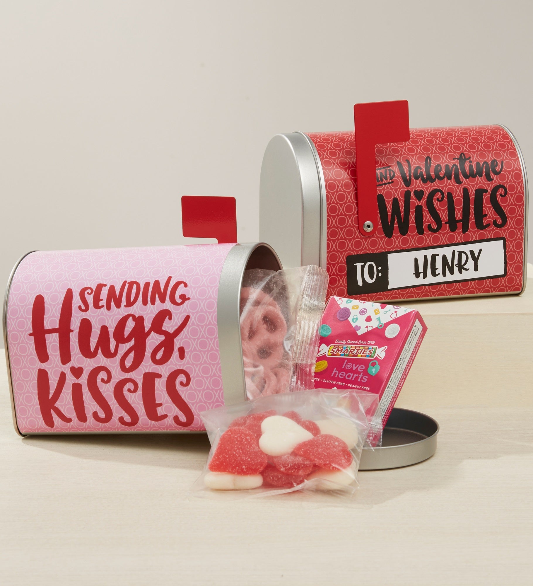 Hugs, Kisses & Valentine Personalized Mailbox with Candy Gift Set