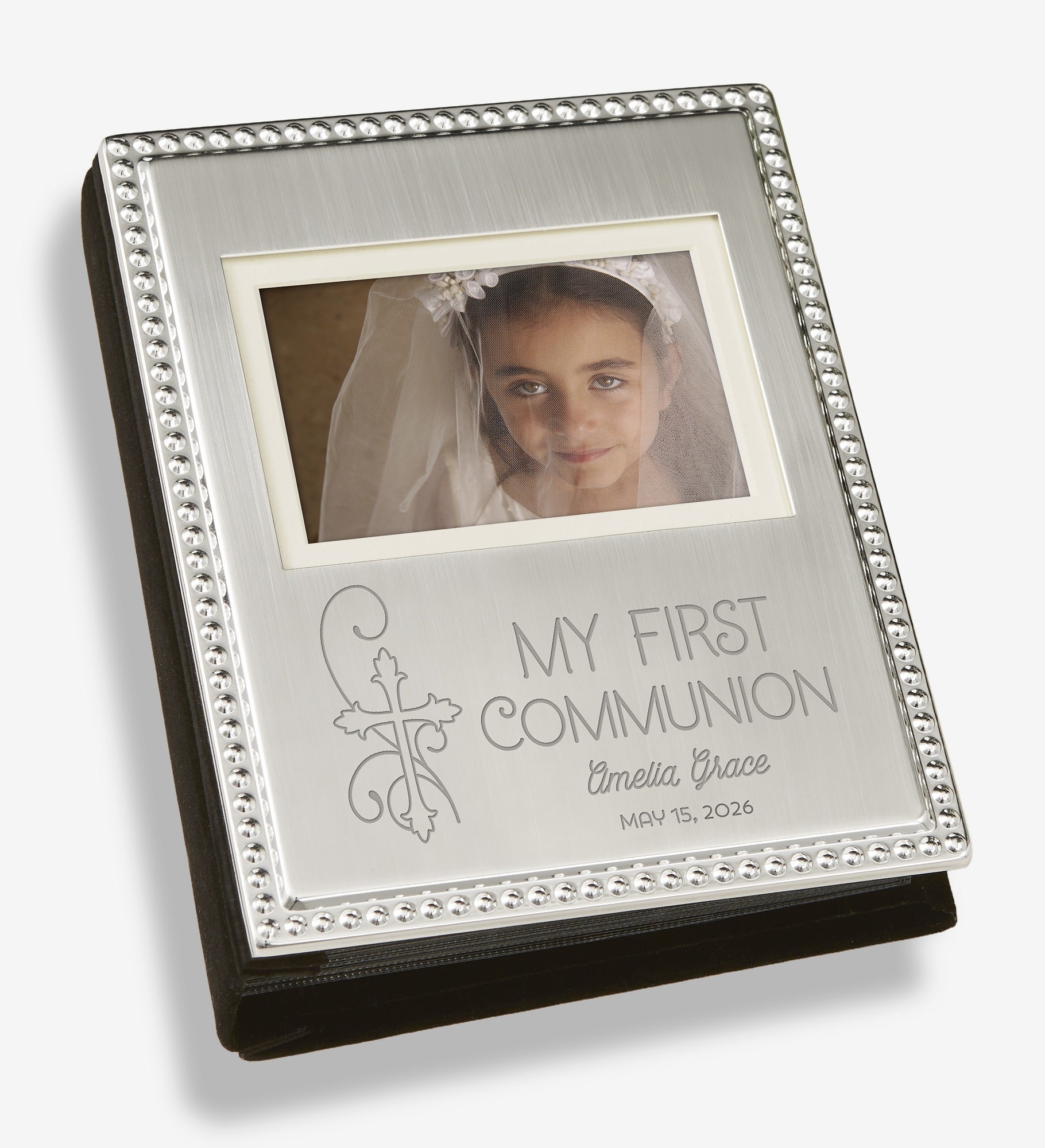 My First Communion Engraved Silver Beaded Mini Photo Album