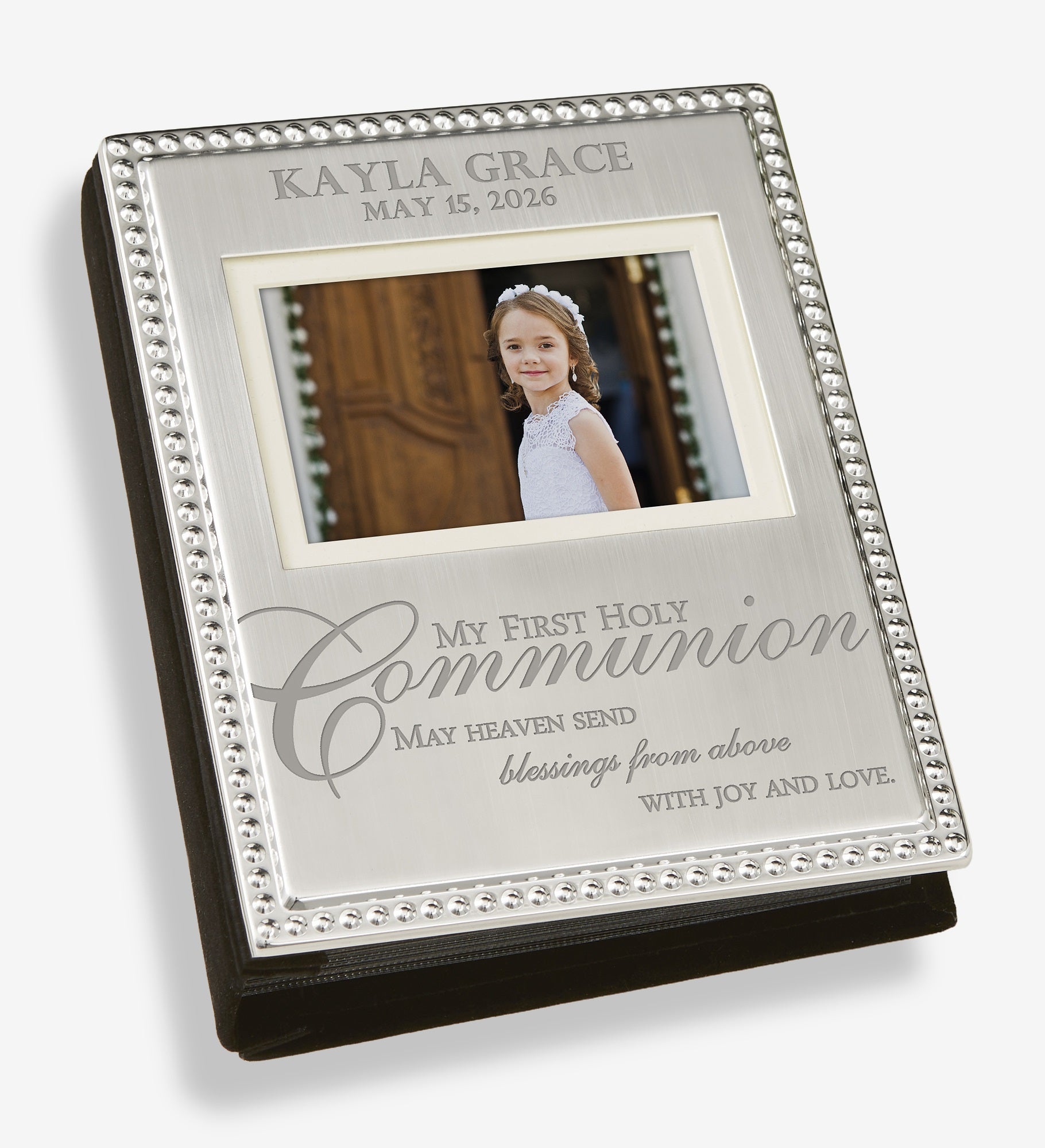 My First Holy Communion Engraved Silver Beaded Mini Photo Album
