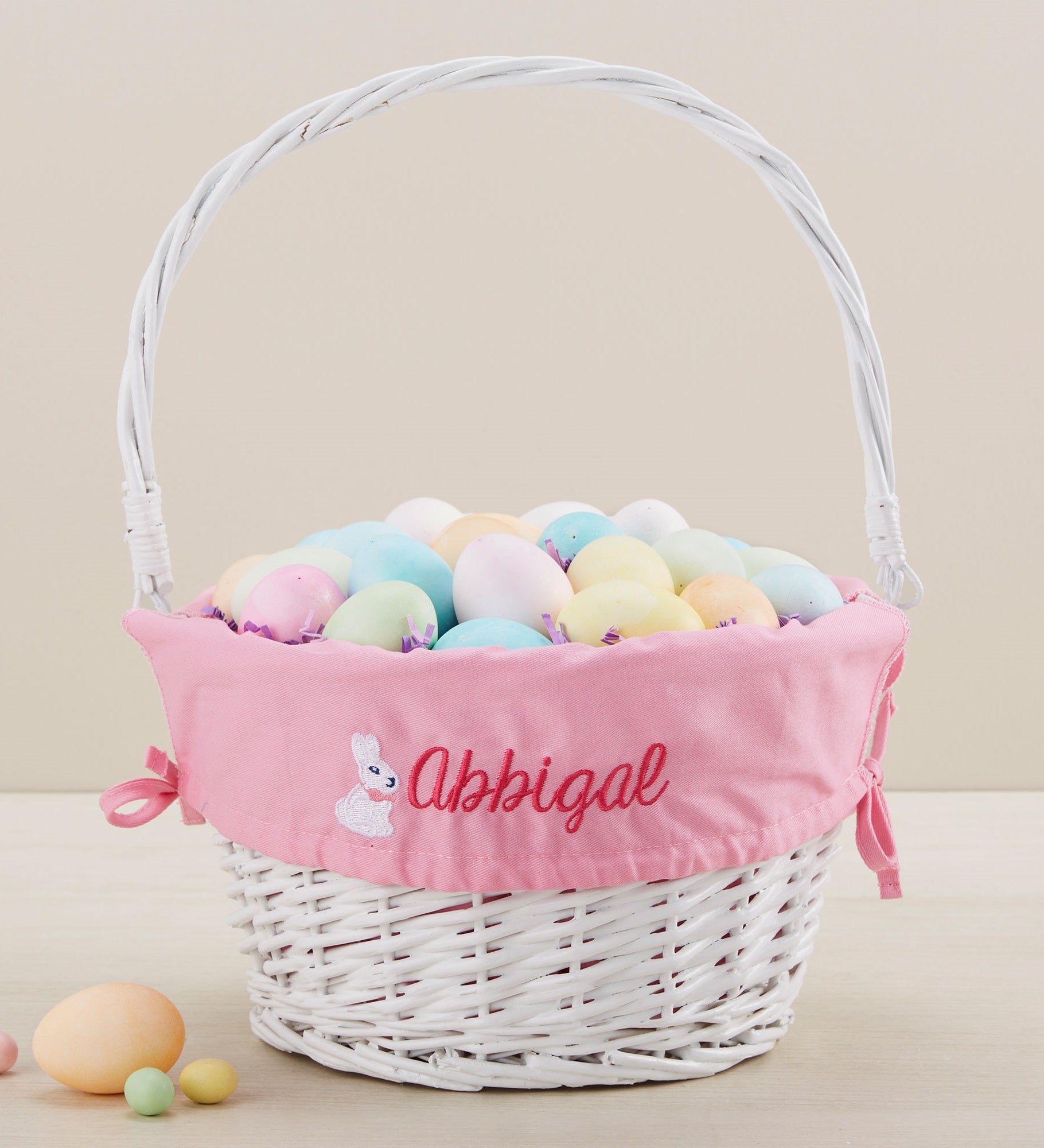 Bunny Name Embroidered White Easter Basket with Folding Handle