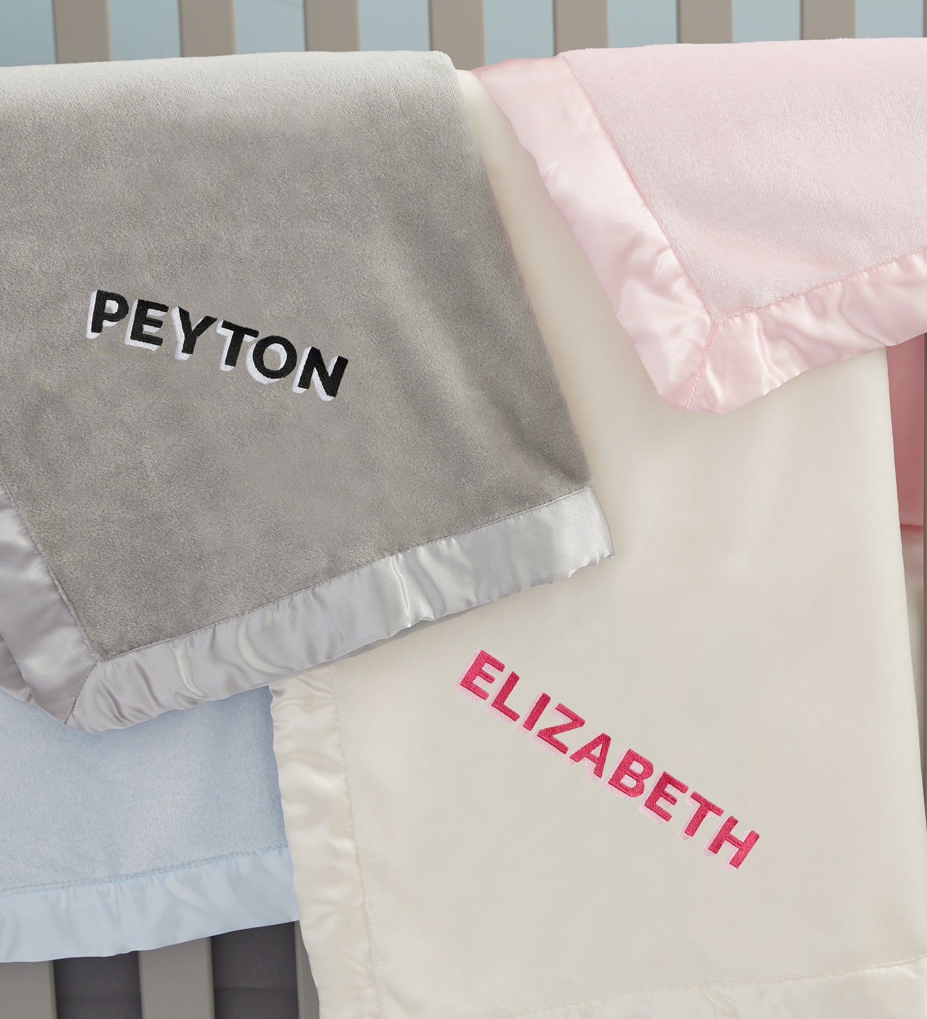 Shadow Name Embroidered Satin Trim Baby Blanket