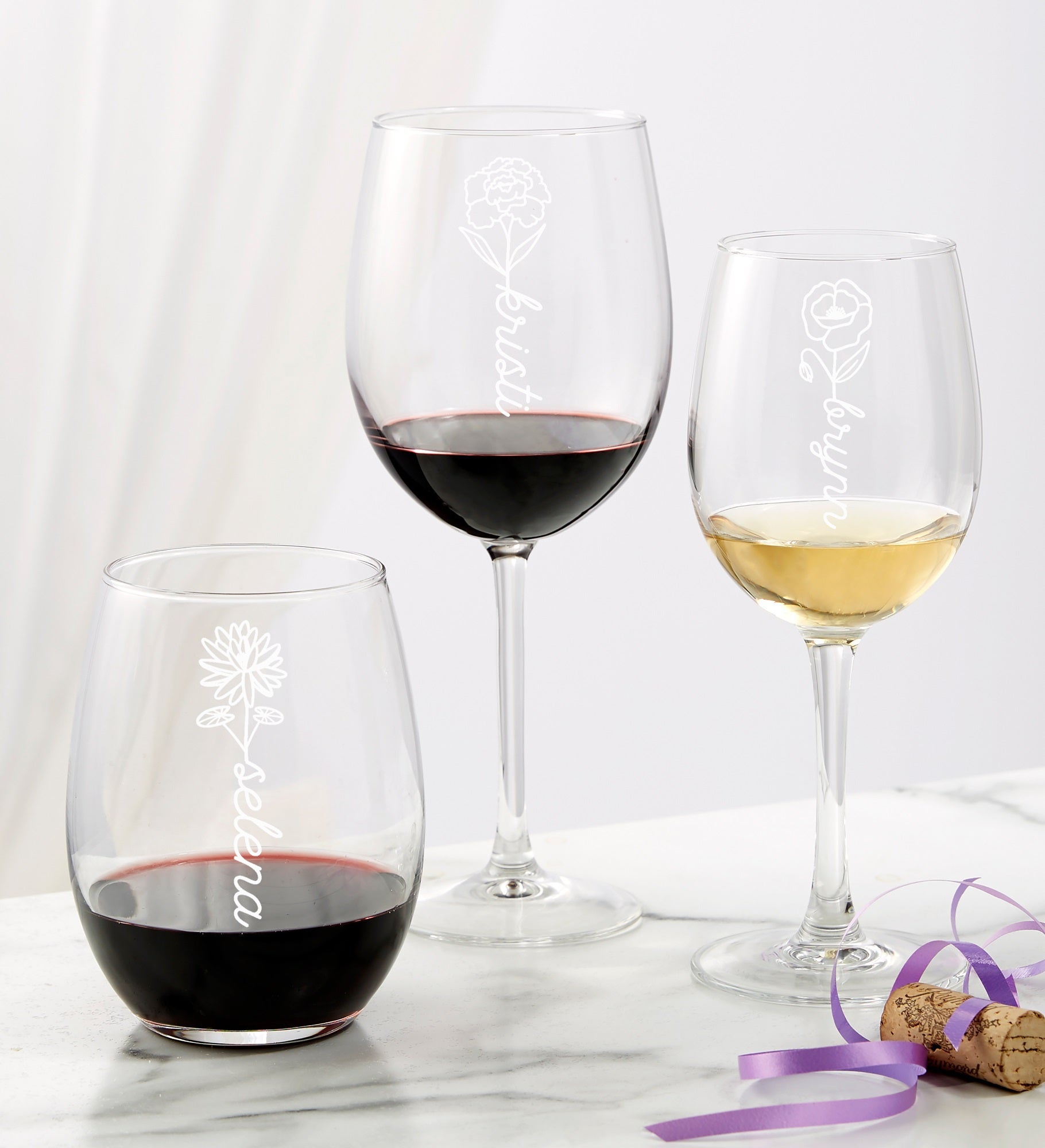 Birth Flower Name Engraved Wine Glass Collection