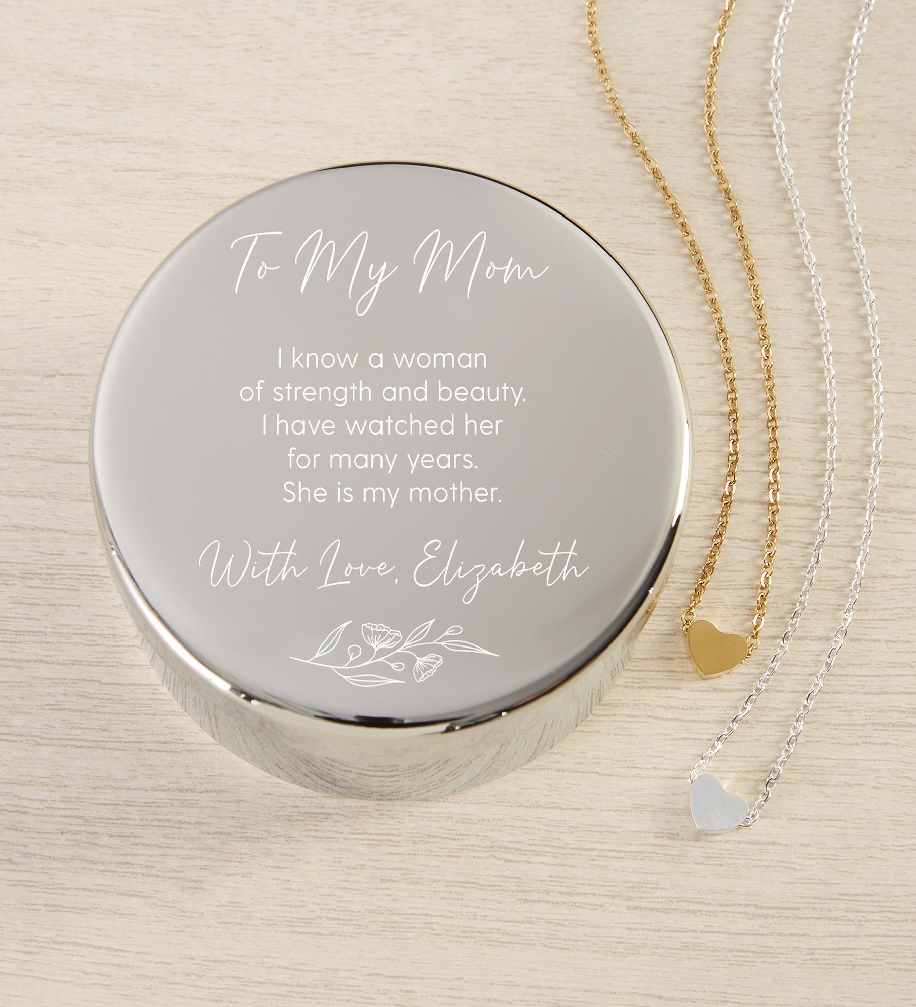 Floral Message To Mom Personalized Round Jewelry Box Gift Set with Heart Necklace