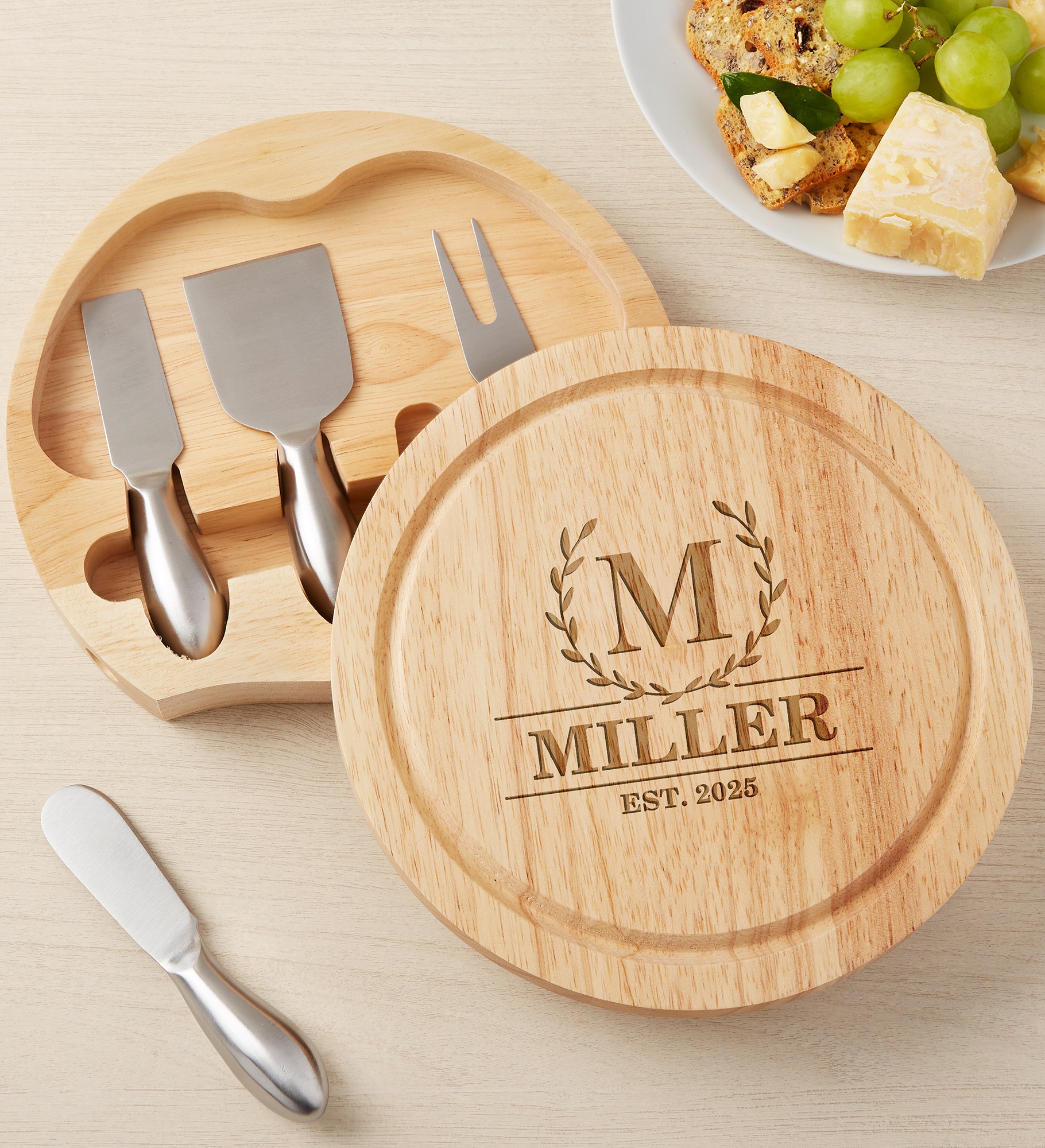 Laurel Initial Personalized Round Cheese Board & Tool Set