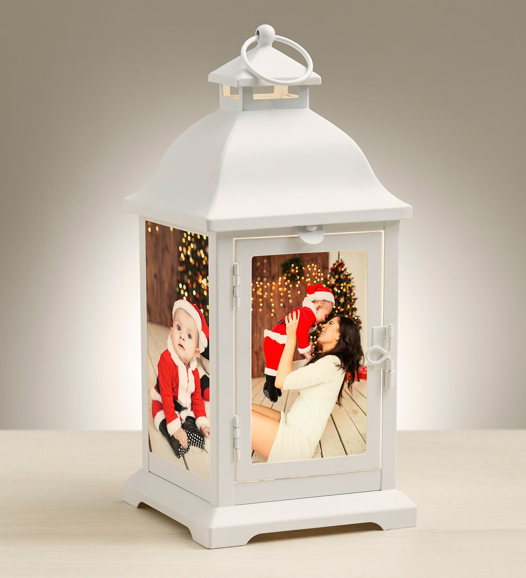 Holiday Photo Personalized White Metal LED Lantern