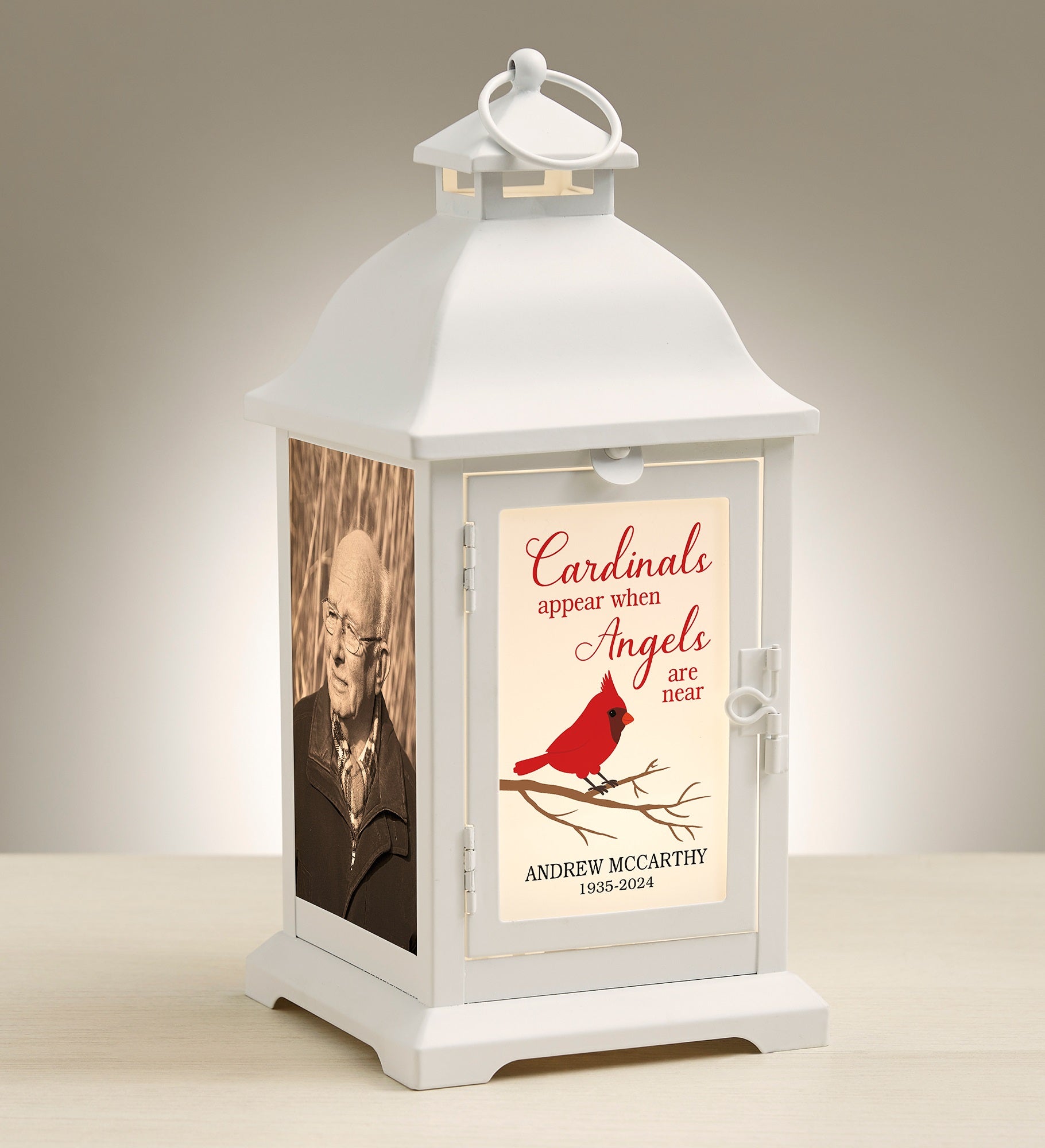 Cardinal Memorial Personalized White Metal LED Lantern