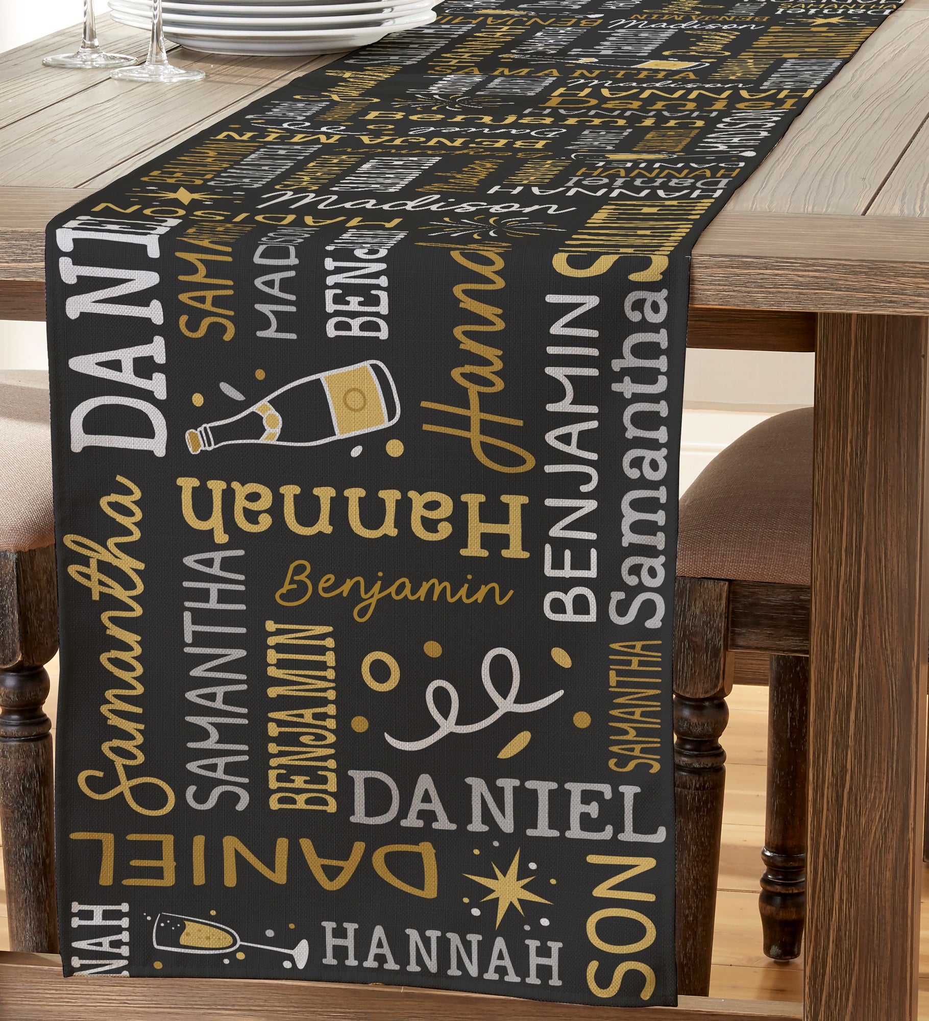 New Year's Eve Repeating Name Personalized Table Runner