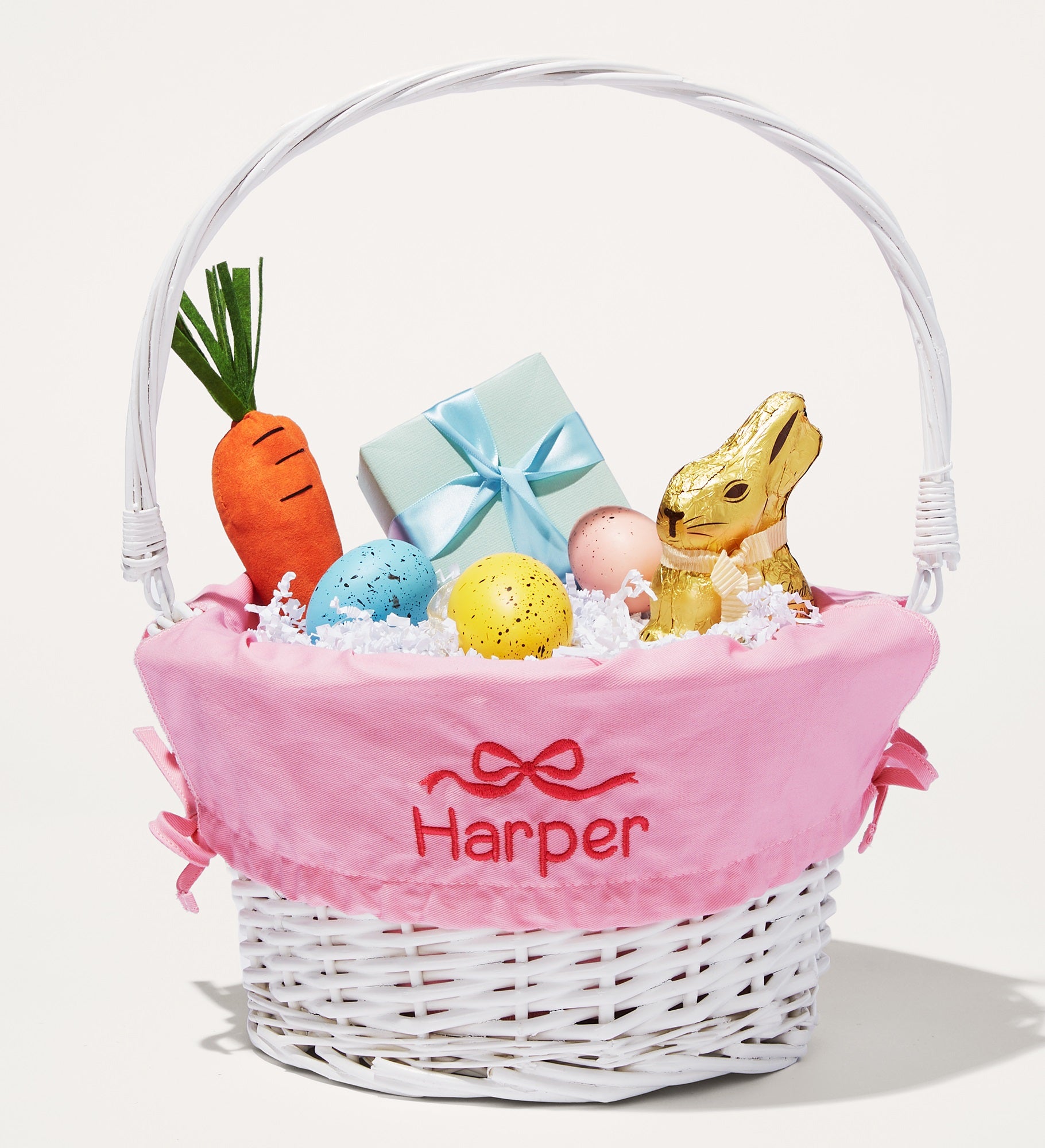 Darling Bow Embroidered White Easter Basket with Folding Handle