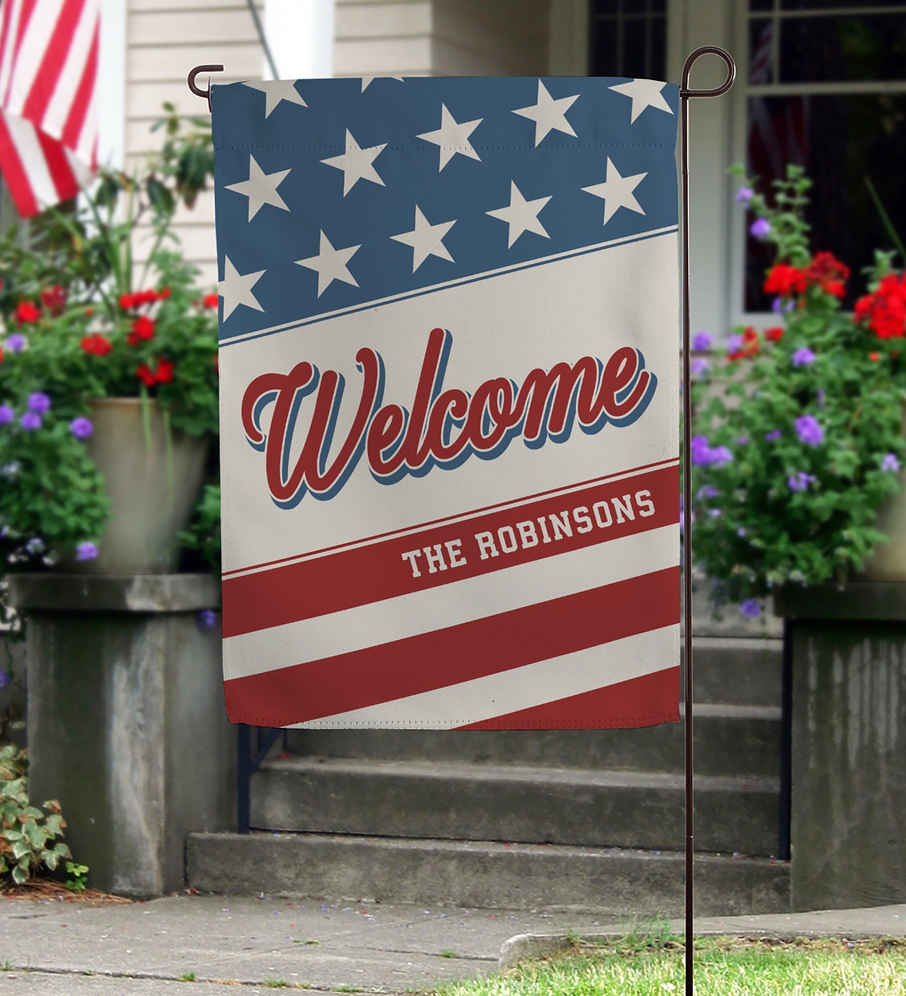 Red, White & Welcome Personalized Garden Flag