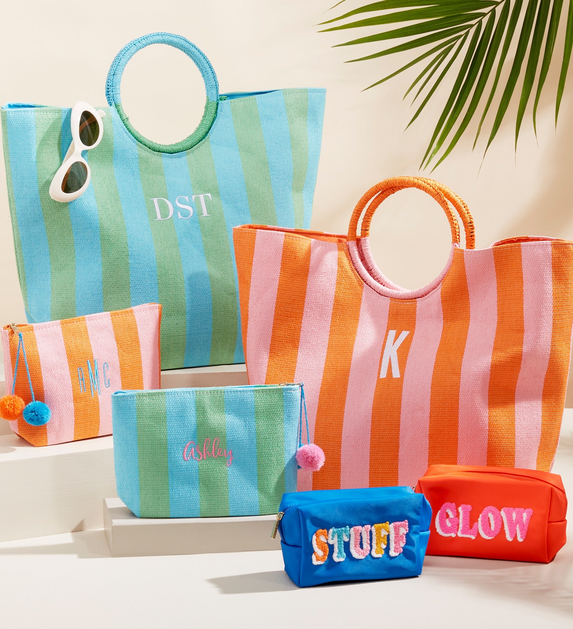 Tropical Tides Embroidered Paper Straw Striped Bag