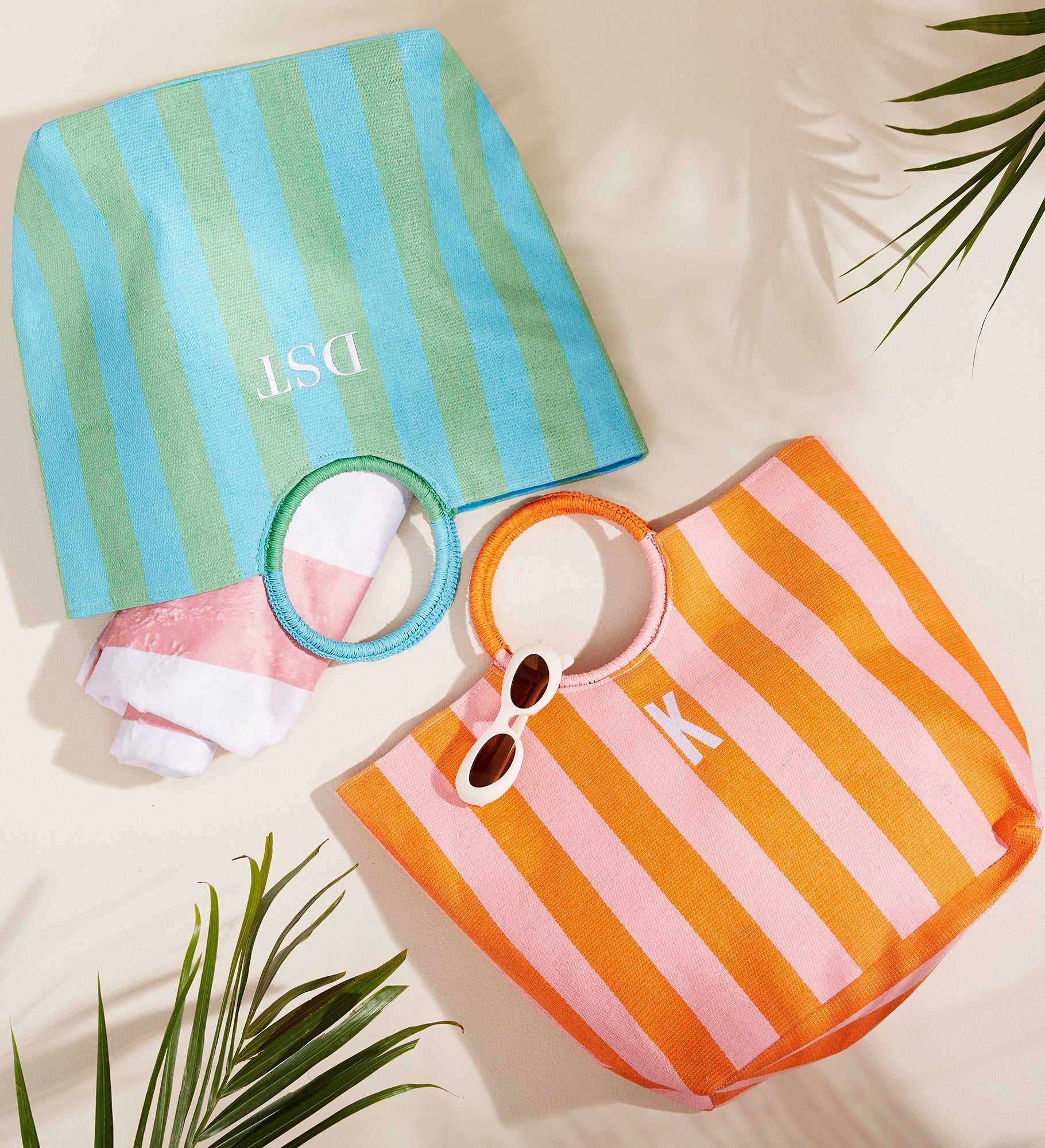 Tropical Tides Embroidered Paper Straw Striped Bag
