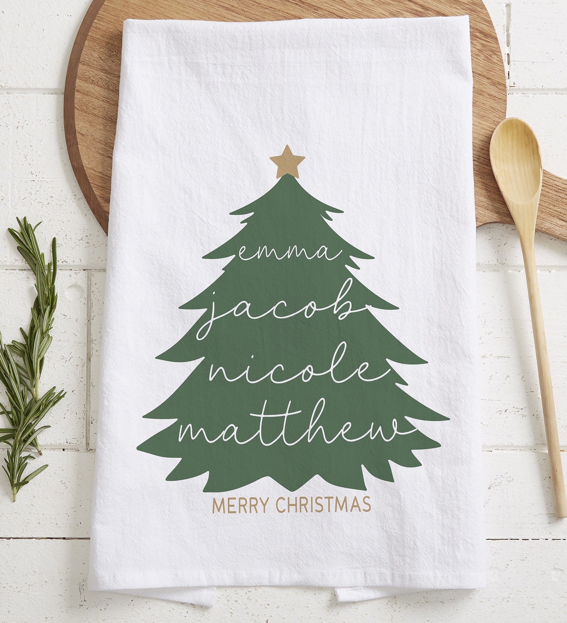 Merry Name Evergreen Personalized Tea Towel