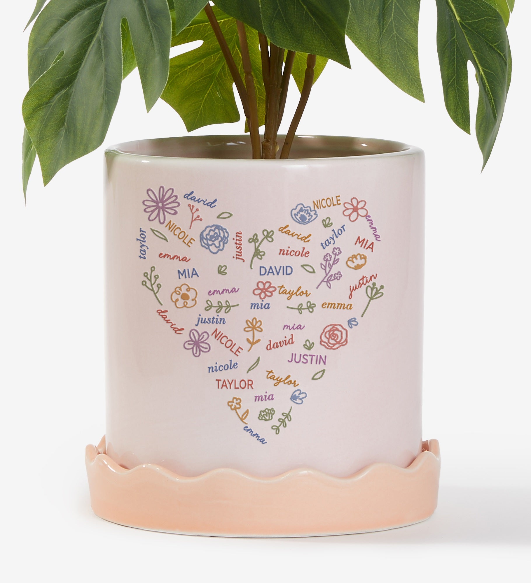 Blooming Heart Personalized Pink Ceramic Flower Pot with Tray 