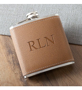 Personalized Tan Hide-Stitch Flask