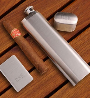 Cigar Flask with Brushed Silver Lighter Gift Set