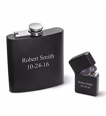 Personalized Black Matte Flask and Lighter Gift Set