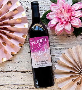 Personalized Rose Gold Birthday Labeled Wine