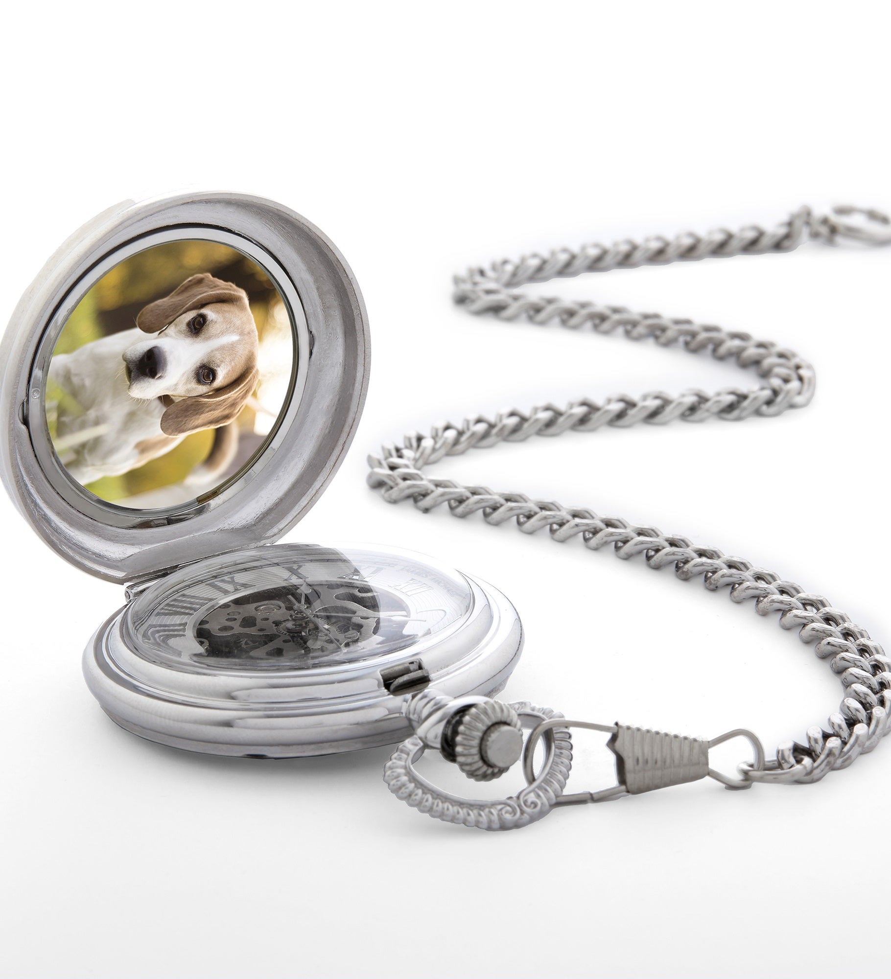 Engraved Silver Photo Memento Pocket Watch and Box