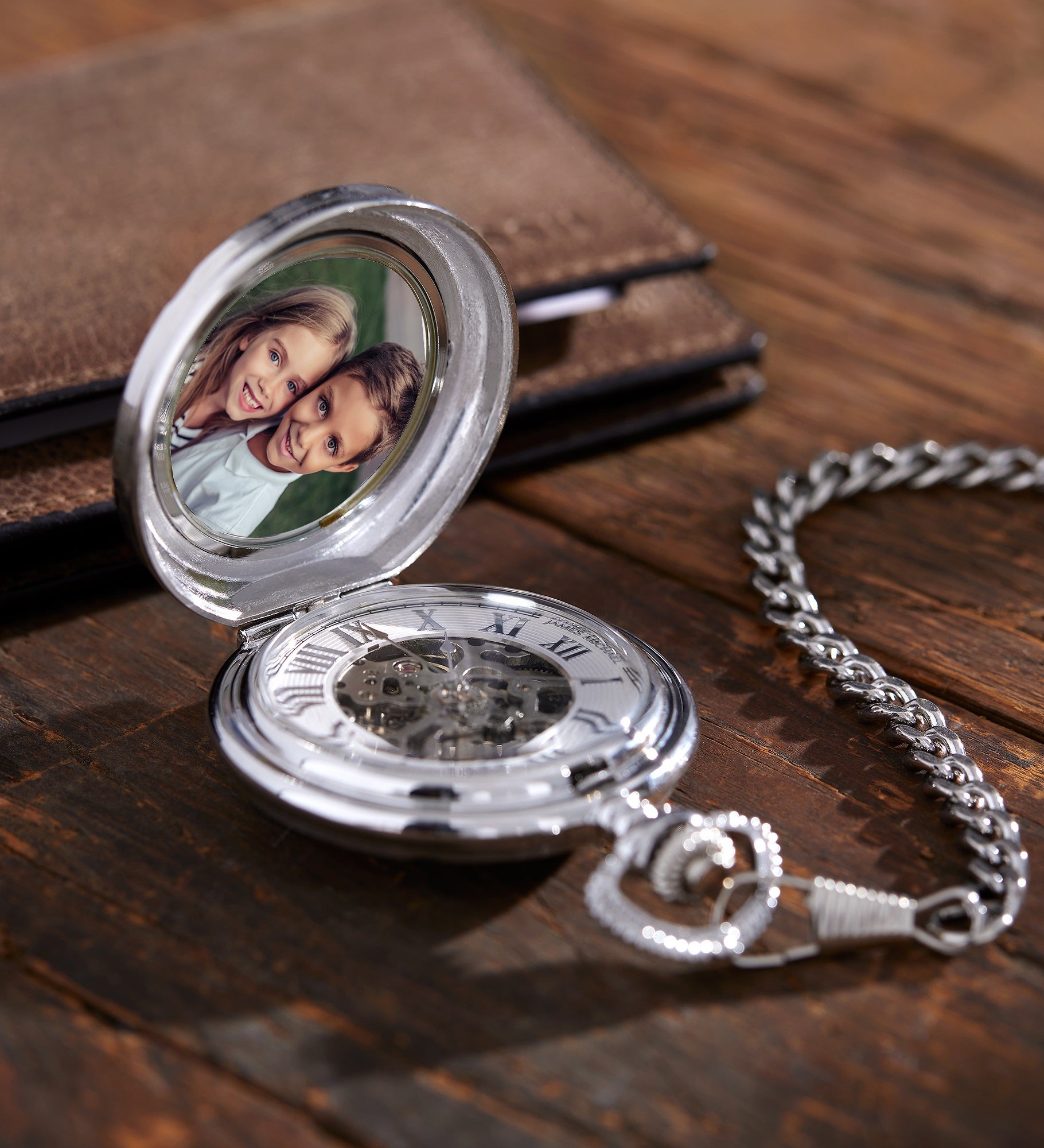 Engraved Silver Photo Memento Pocket Watch and Box