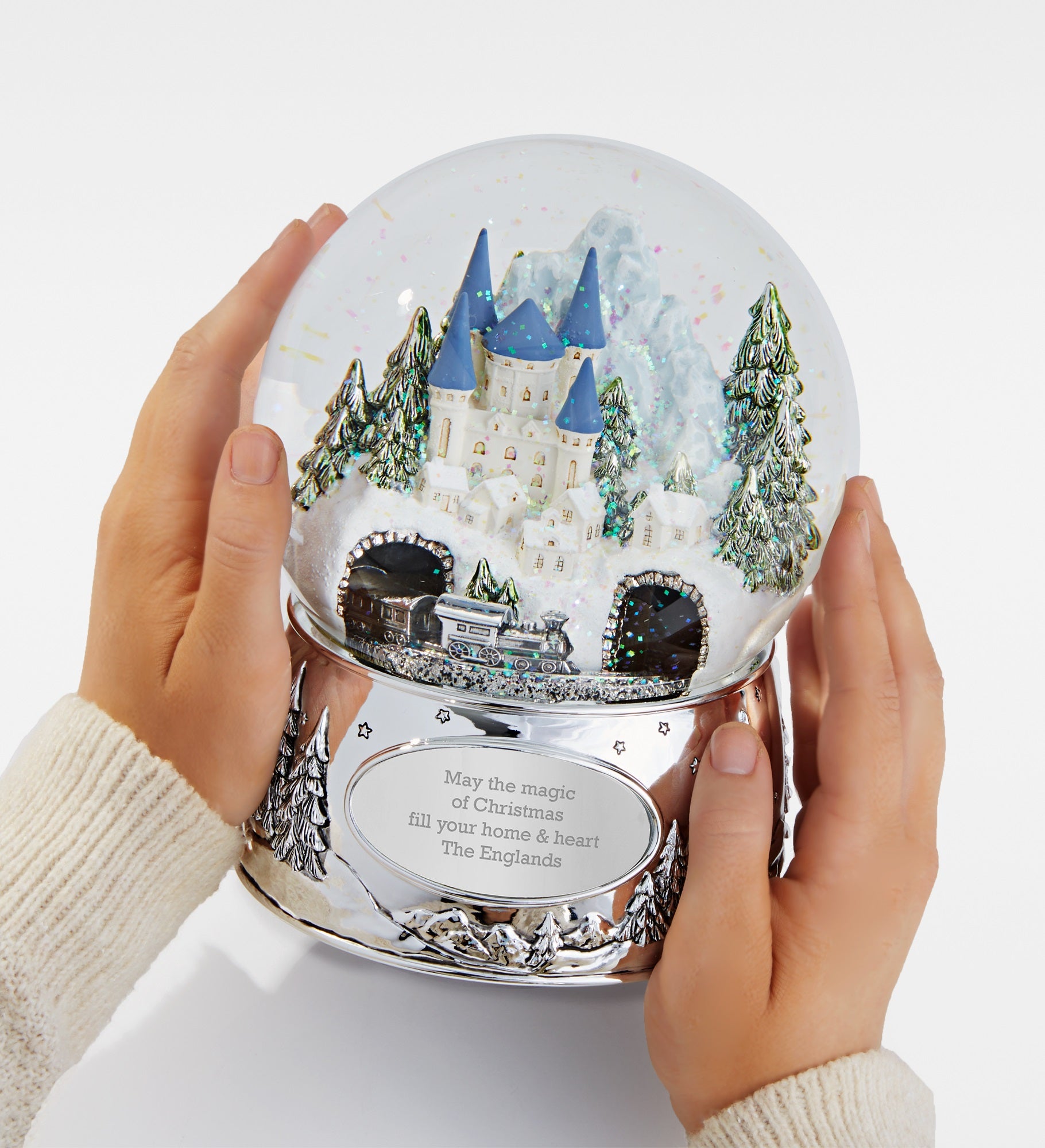 Engraved Winter Castle with Train Snow Globe