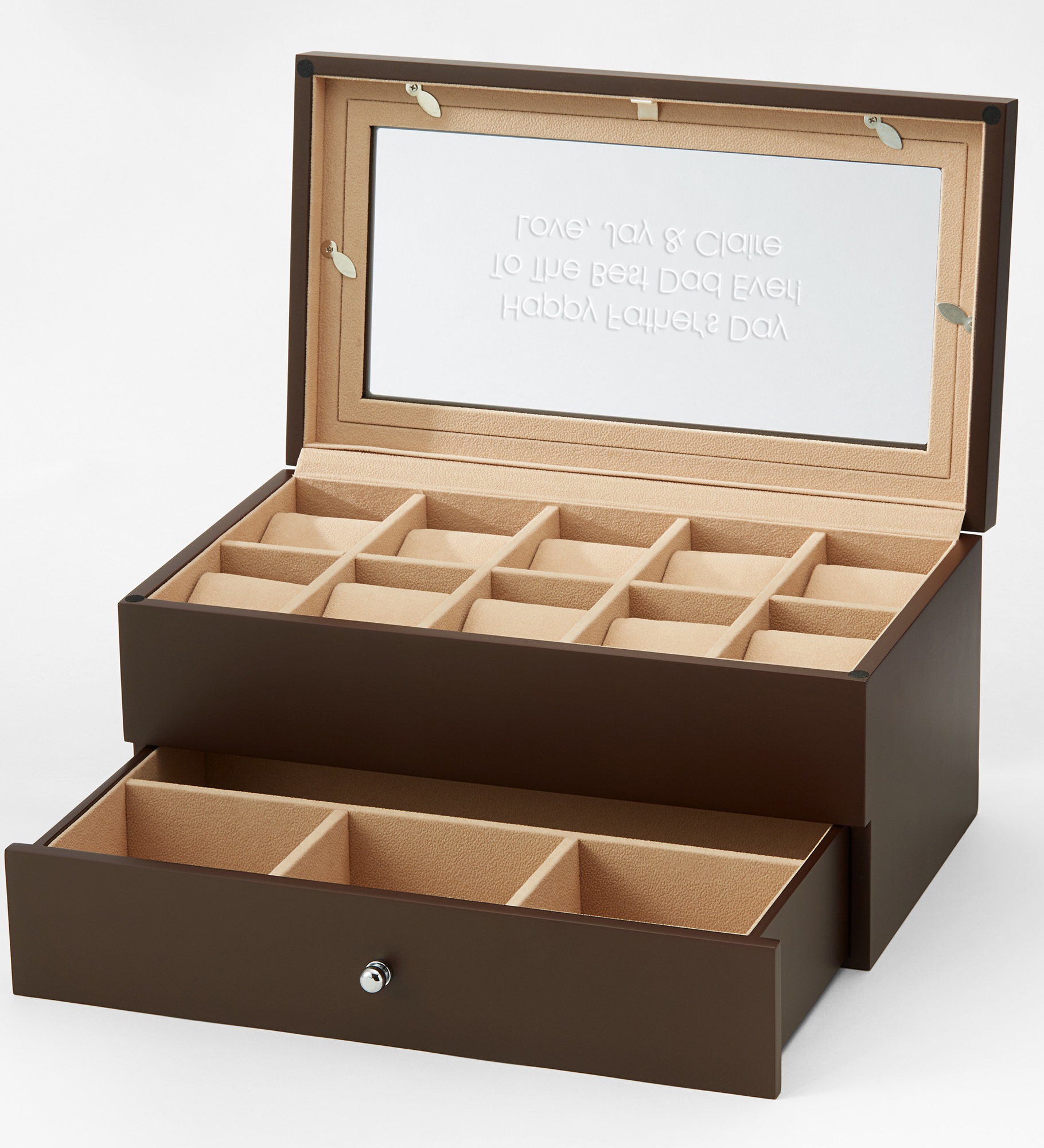 Engraved Espresso Wooden 10 Slot Watch Box with Drawer