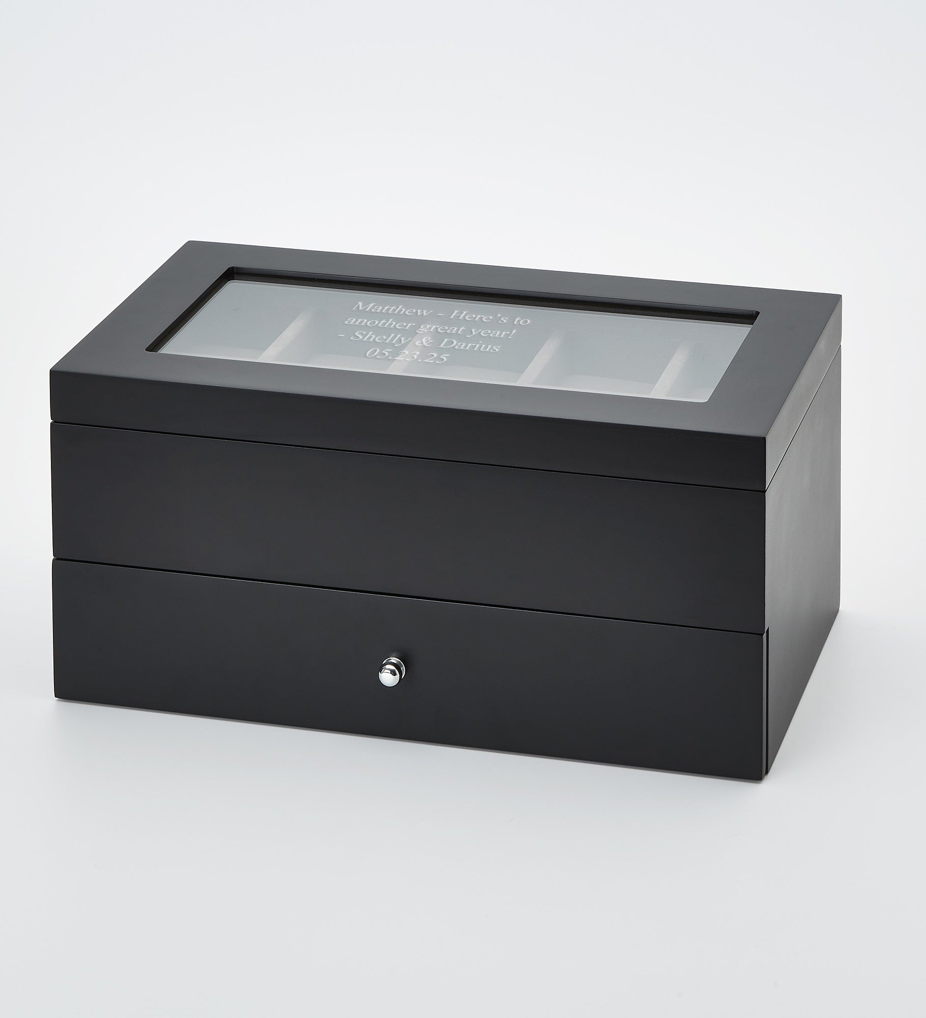 Engraved Black Wooden 10 Slot Watch Box with Drawer