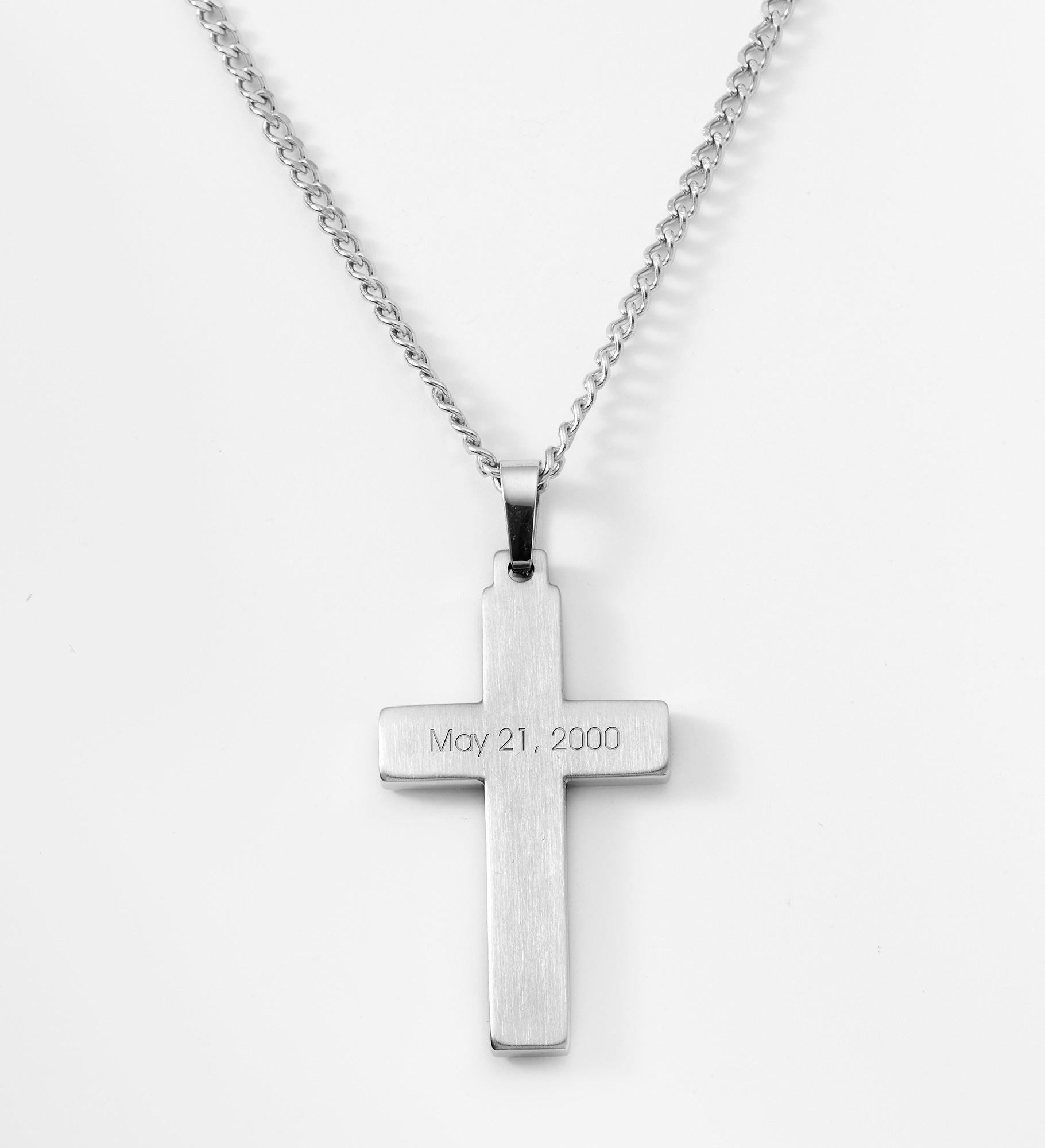 Engraved Two Tone Brushed Stainless Cross Necklace
