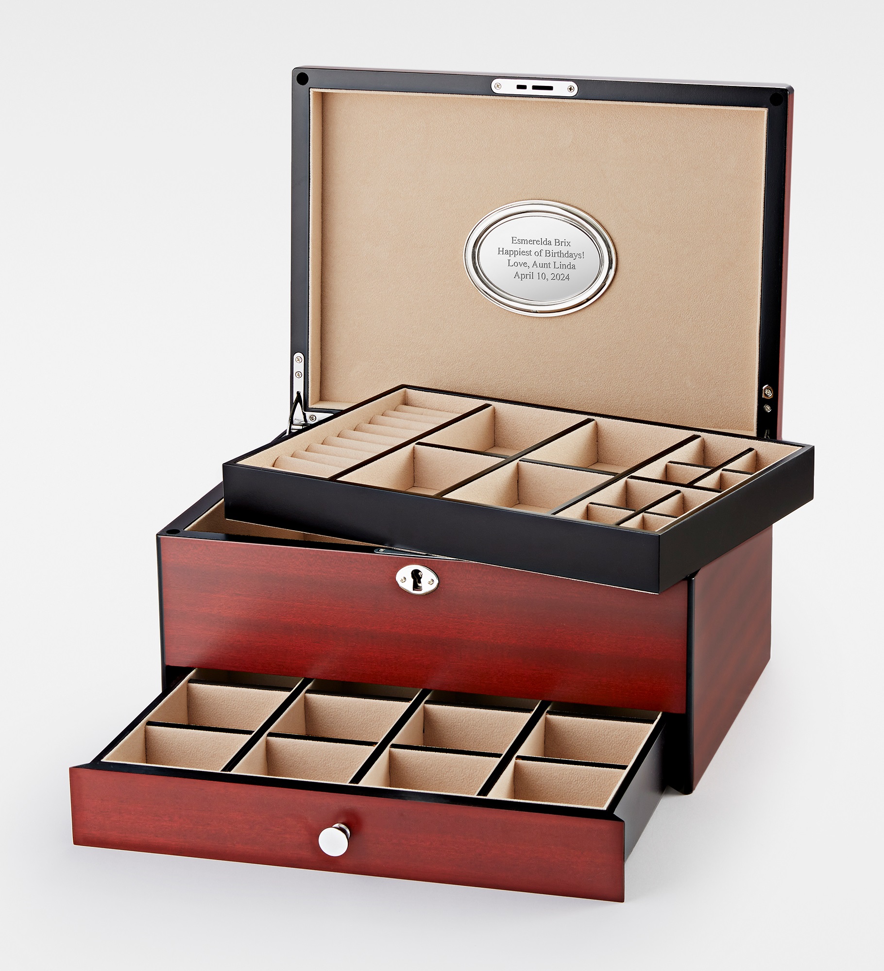  Engraved Large Matte-Finish Wooden Jewelry Box with Drawer and Lock