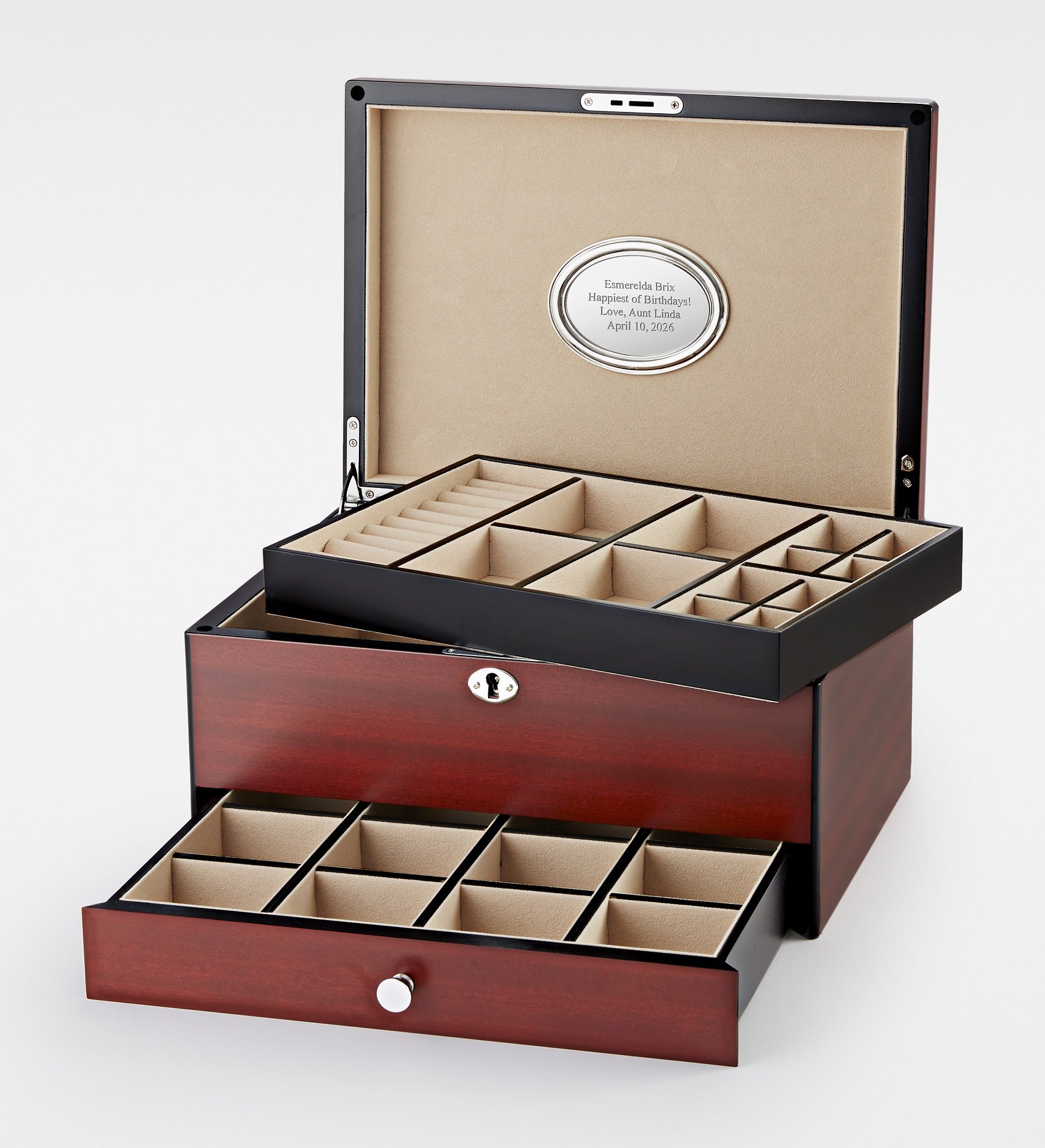 Engraved Large Matte-Finish Wooden Jewelry Box with Drawer and Lock