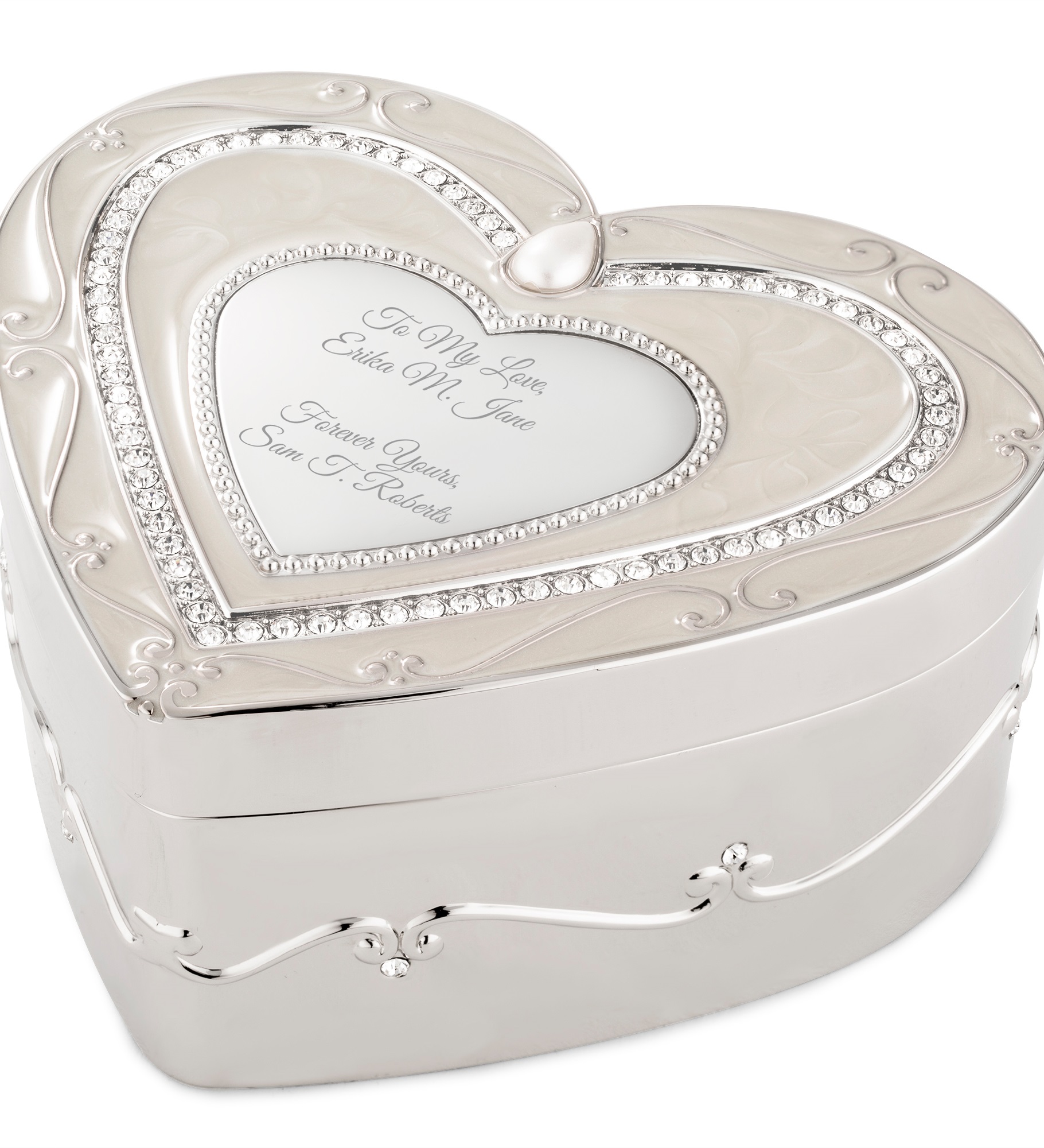 Engraved Heart Silver and Ivory Enamel Keepsake Box