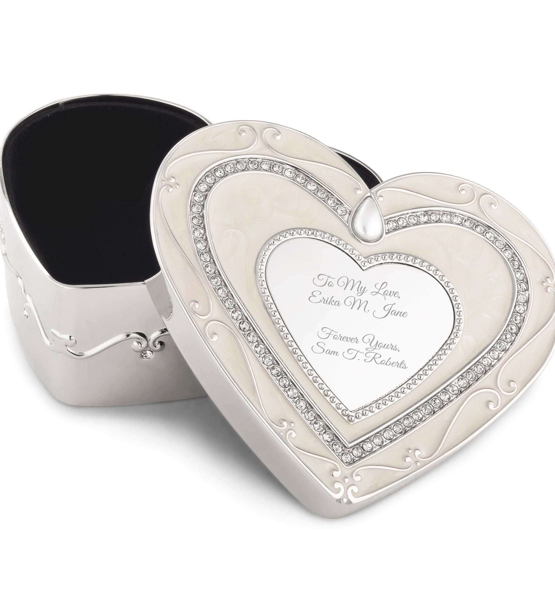 Engraved Heart Silver and Ivory Enamel Keepsake Box