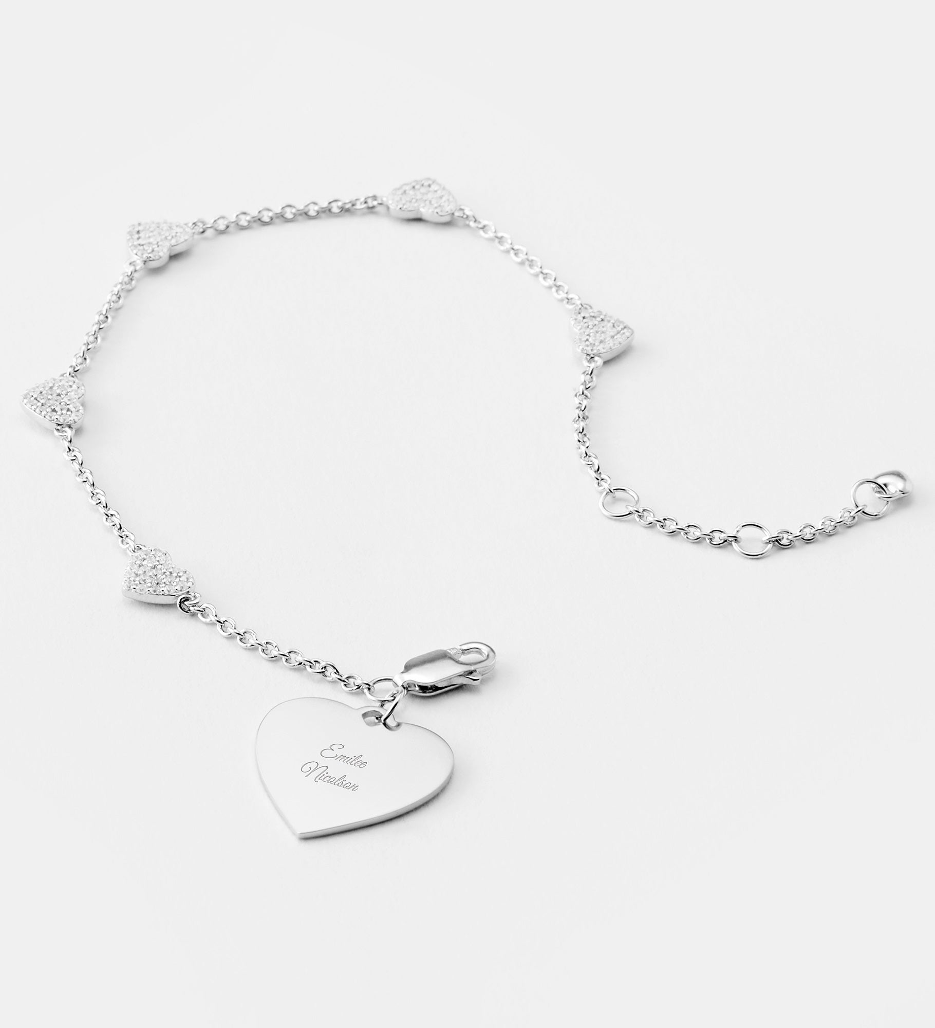 Engraved Sterling Silver Pave Heart Station Bracelet