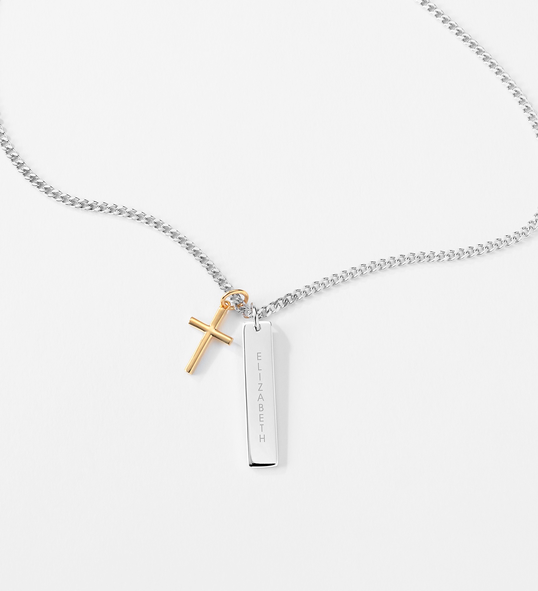 Engraved Gold & Sterling Silver Cross and Bar Necklace