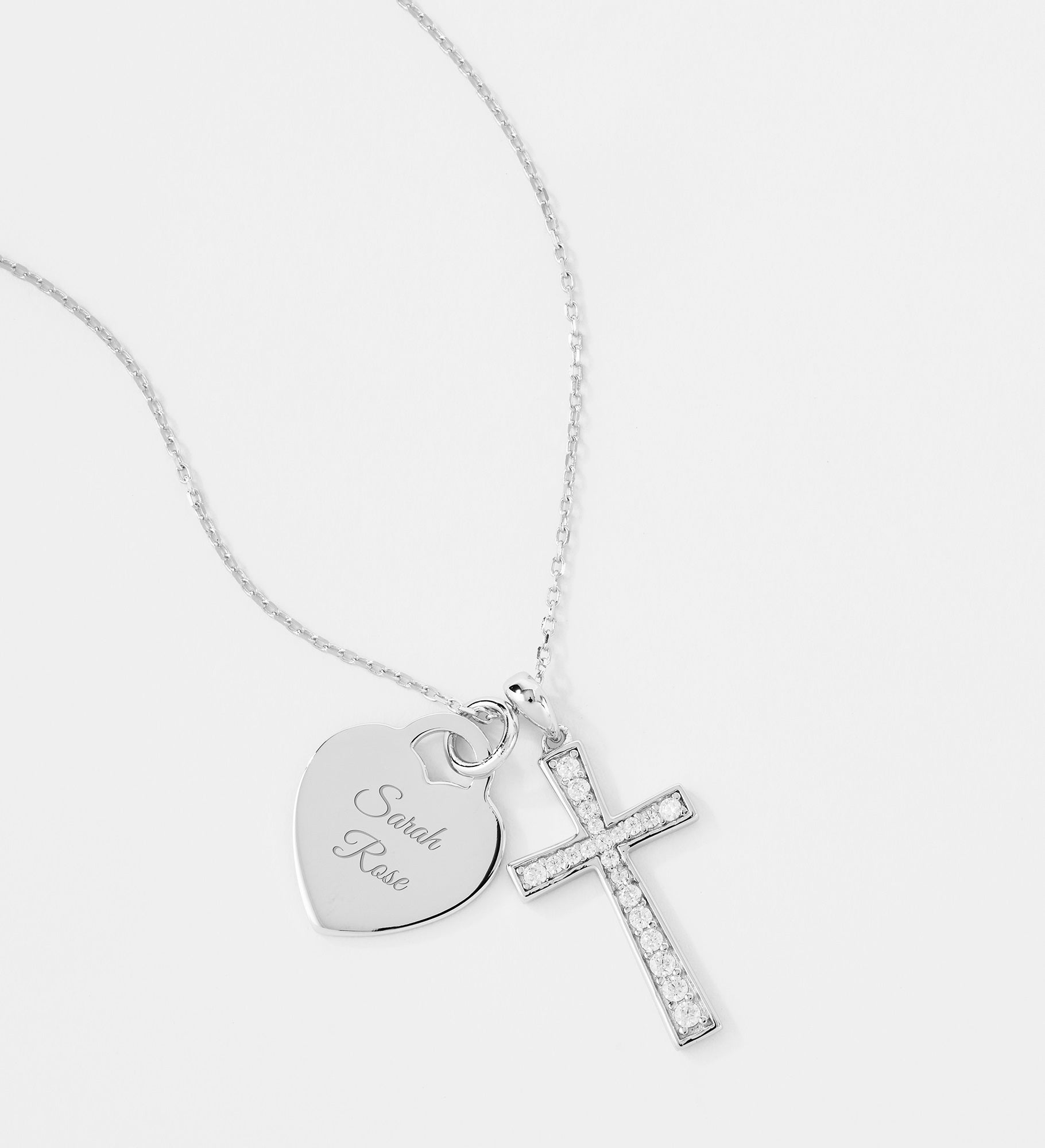 Engraved Sterling Silver Pave Cross and Heart Swing Necklace