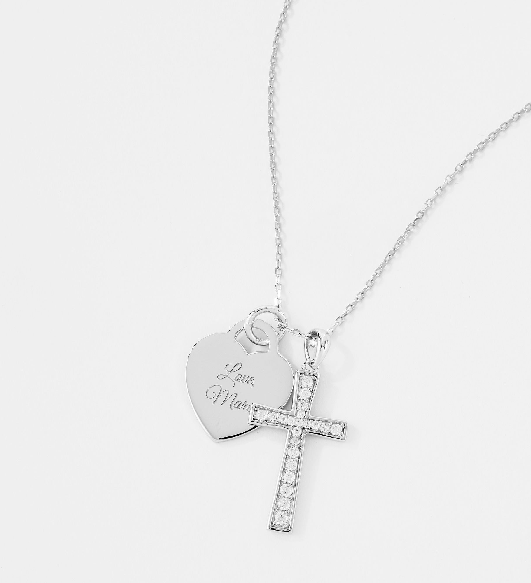 Engraved Sterling Silver Pave Cross and Heart Swing Necklace