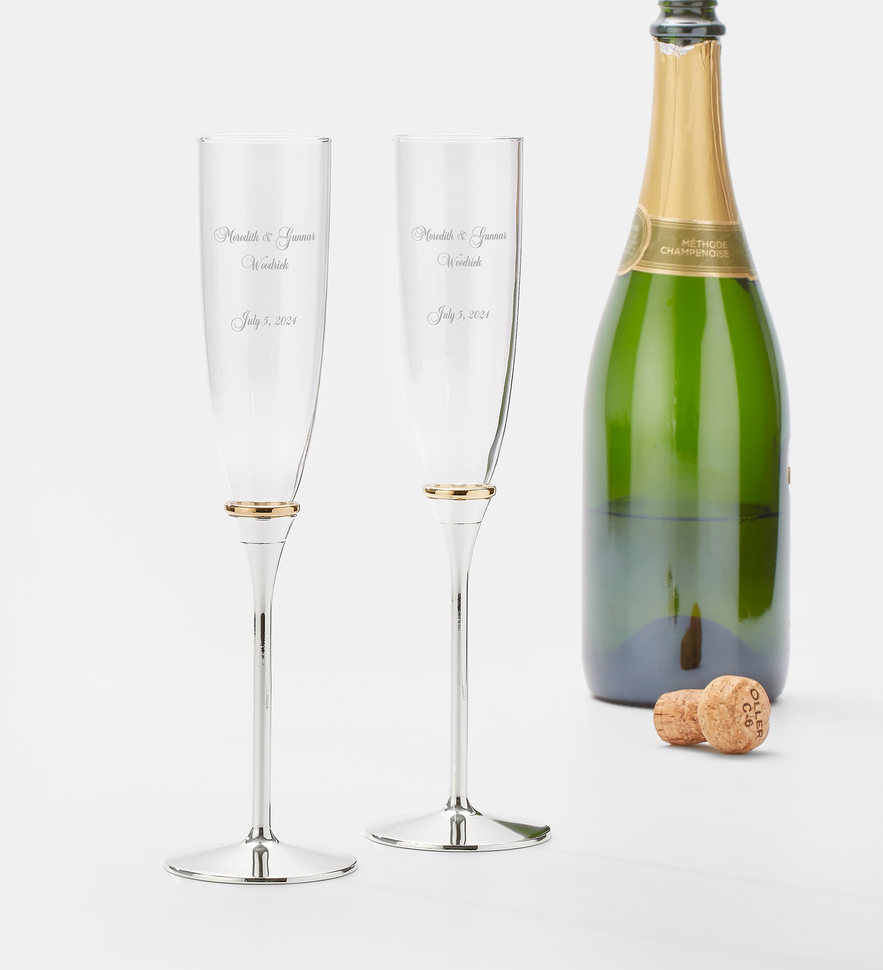  Engraved Thin Gold Band Champagne Flute Set 