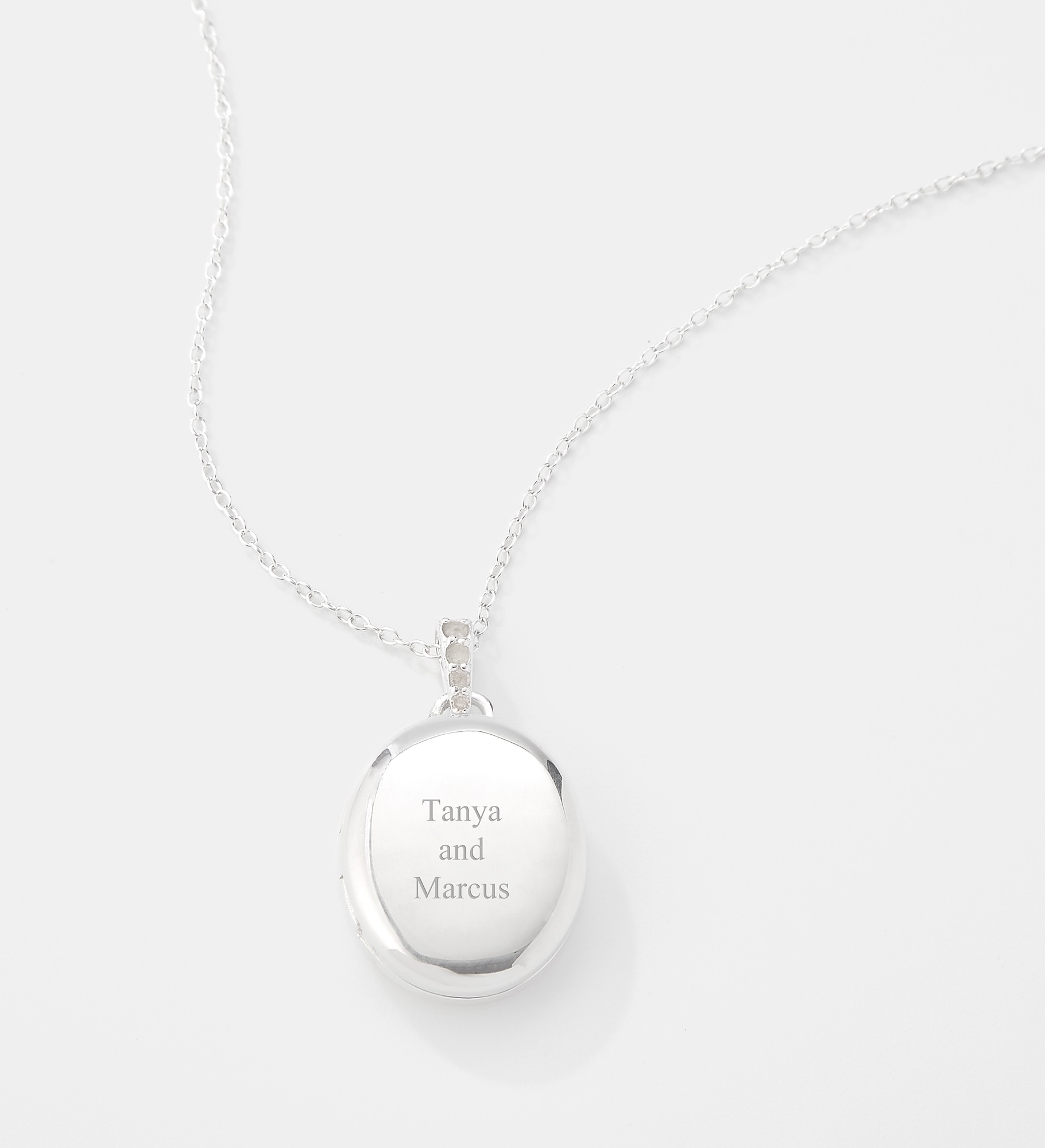  Engraved Sterling Silver Oval Locket with Diamonds Necklace